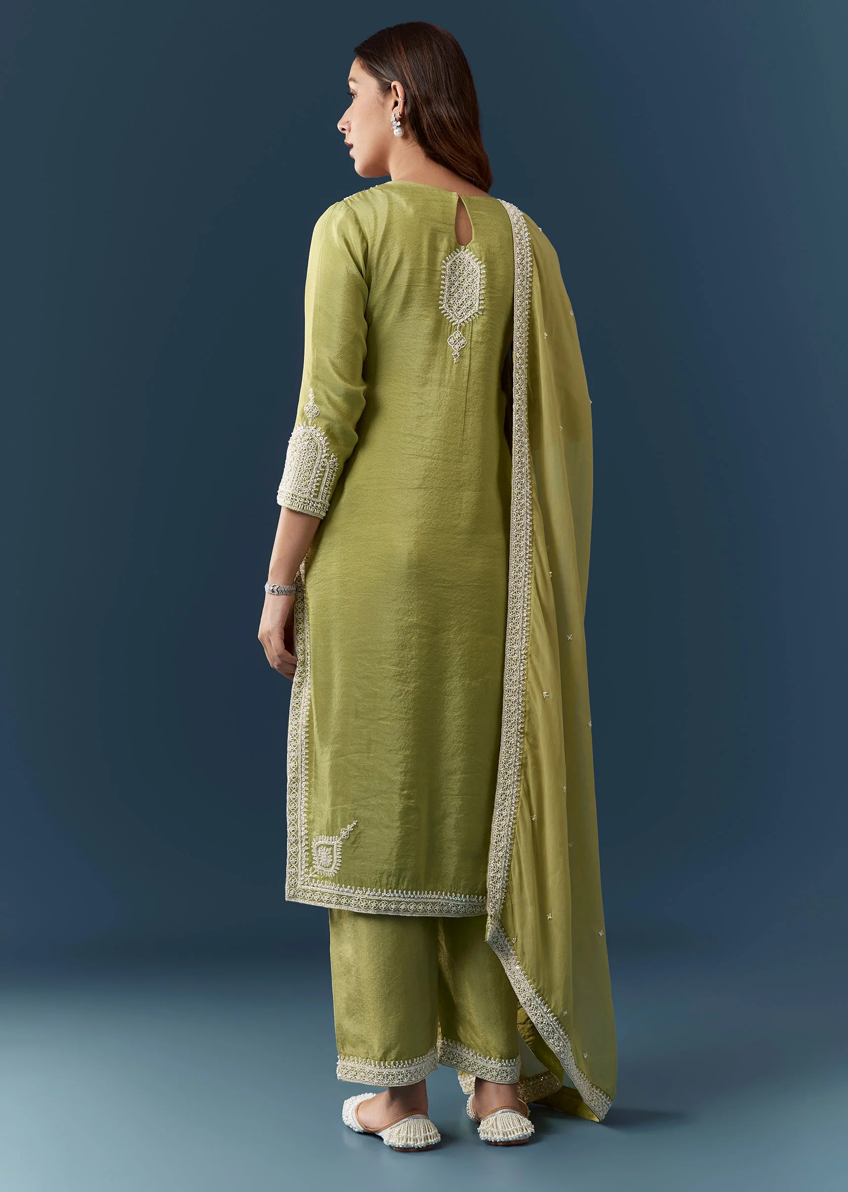 Green Tissue Embroidered Kurta Pant Set - Image 5