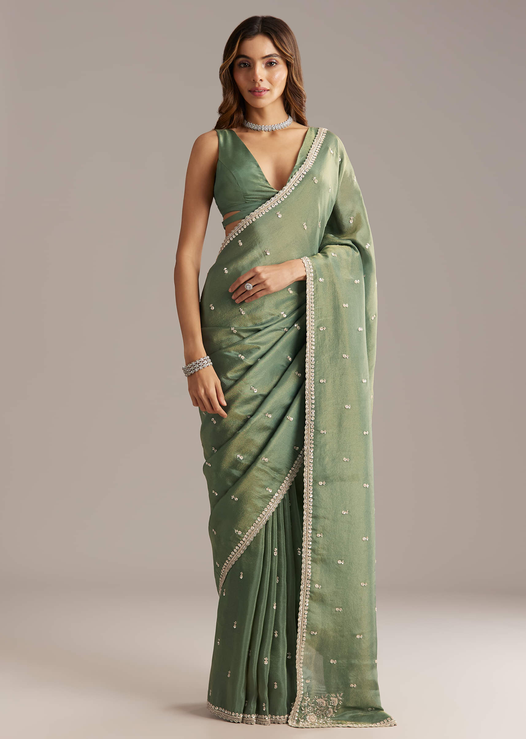Green Tissue Saree With Bead And Cutdana Embroidery - Image 3