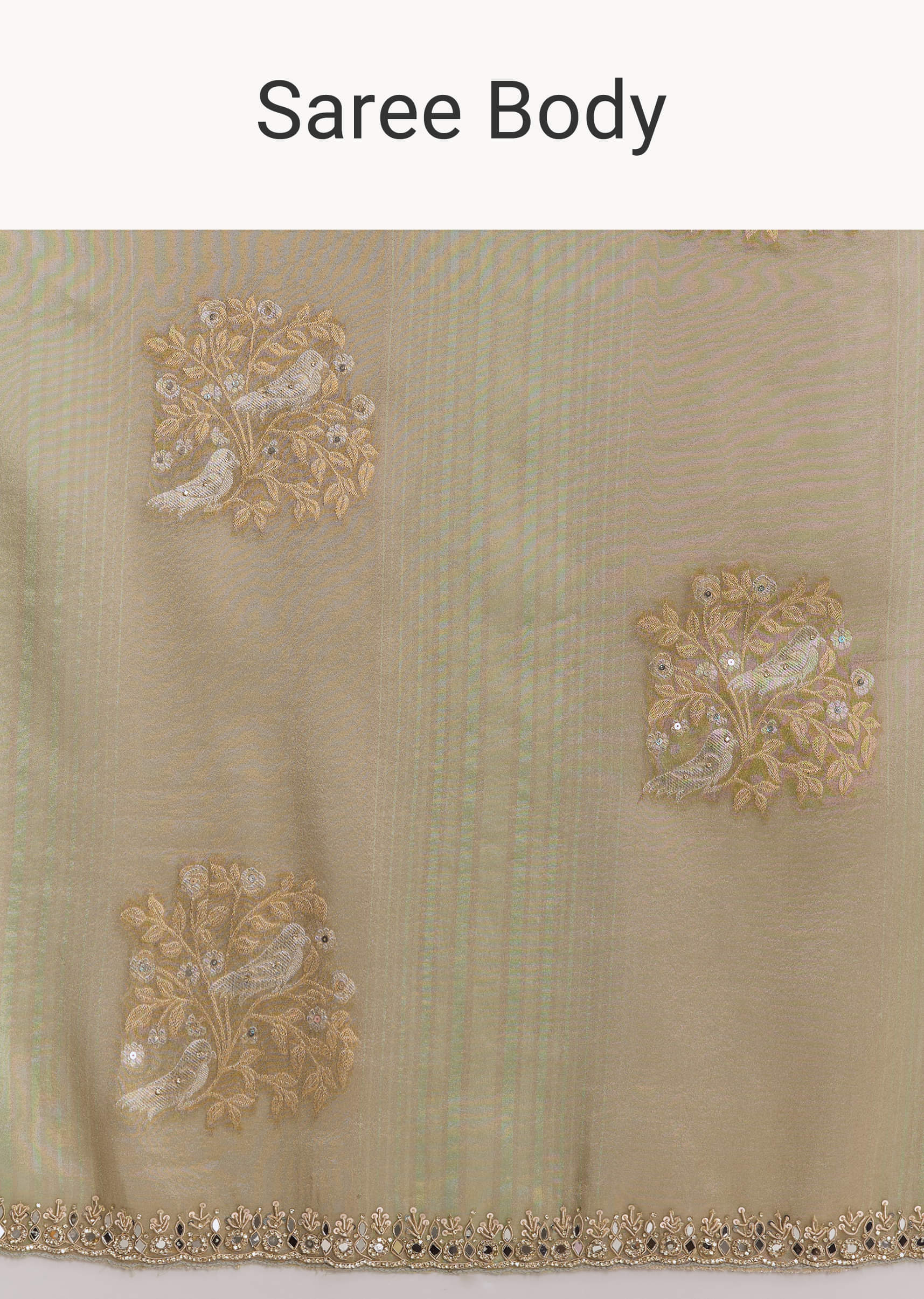 Green Tissue Saree With Mirror And Bead Embroidery - Image 8
