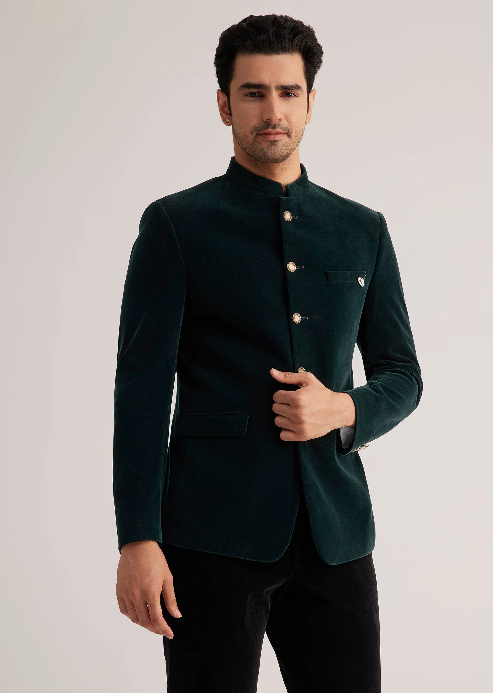 Green Velvet Jodhpuri Suit With Pocket Square - Image 2