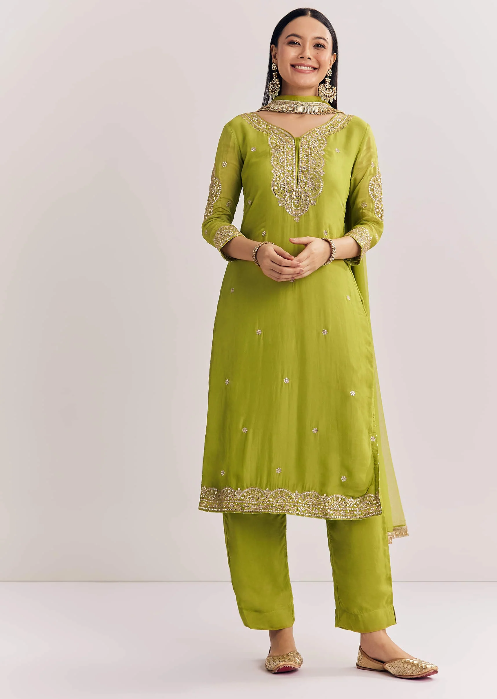 Green Zari Work Kurta Set With Chiffon Dupatta - Image 4