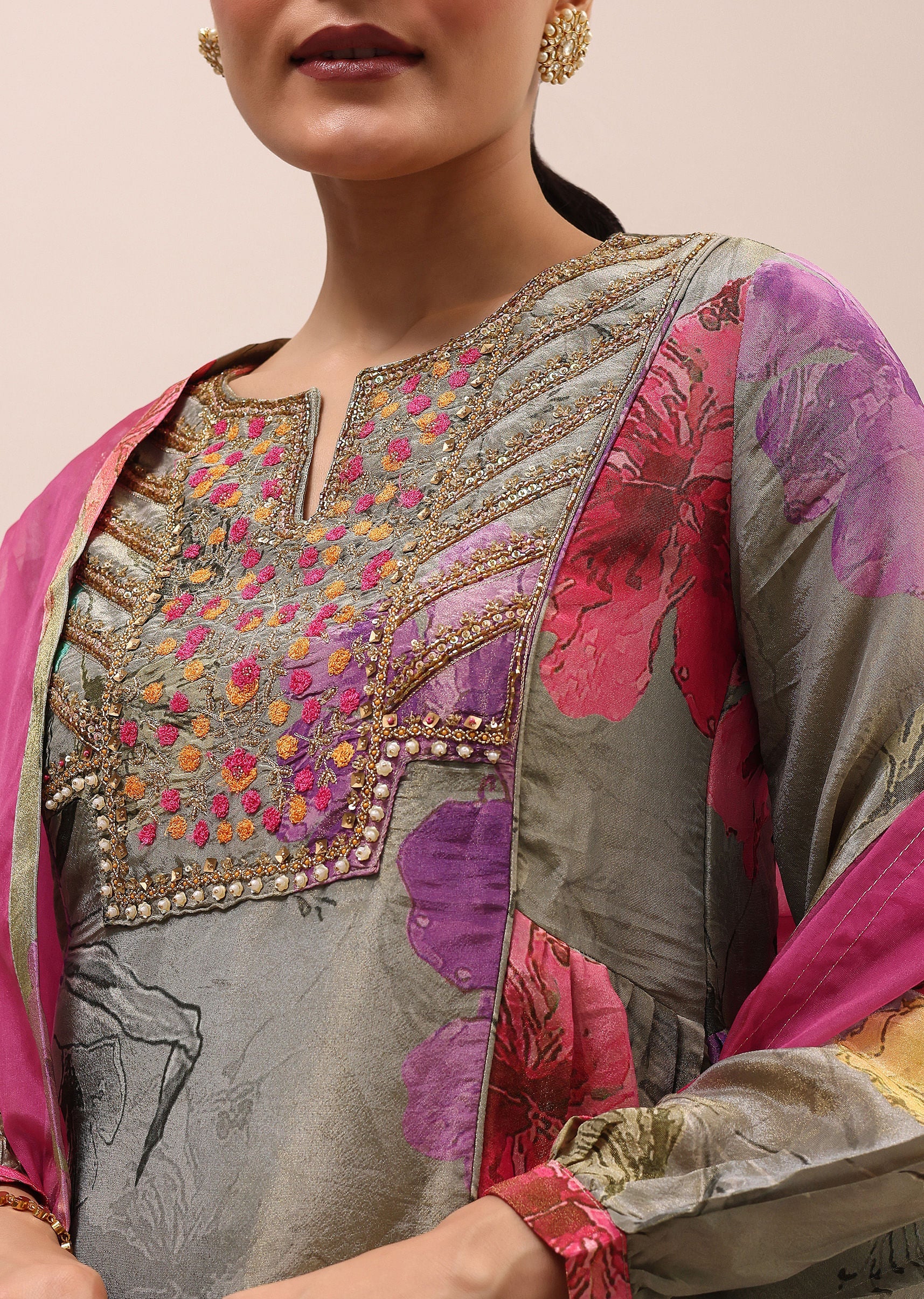 Grey And Pink Embroidered Kurta And Salwar With Dupatta - Image 2