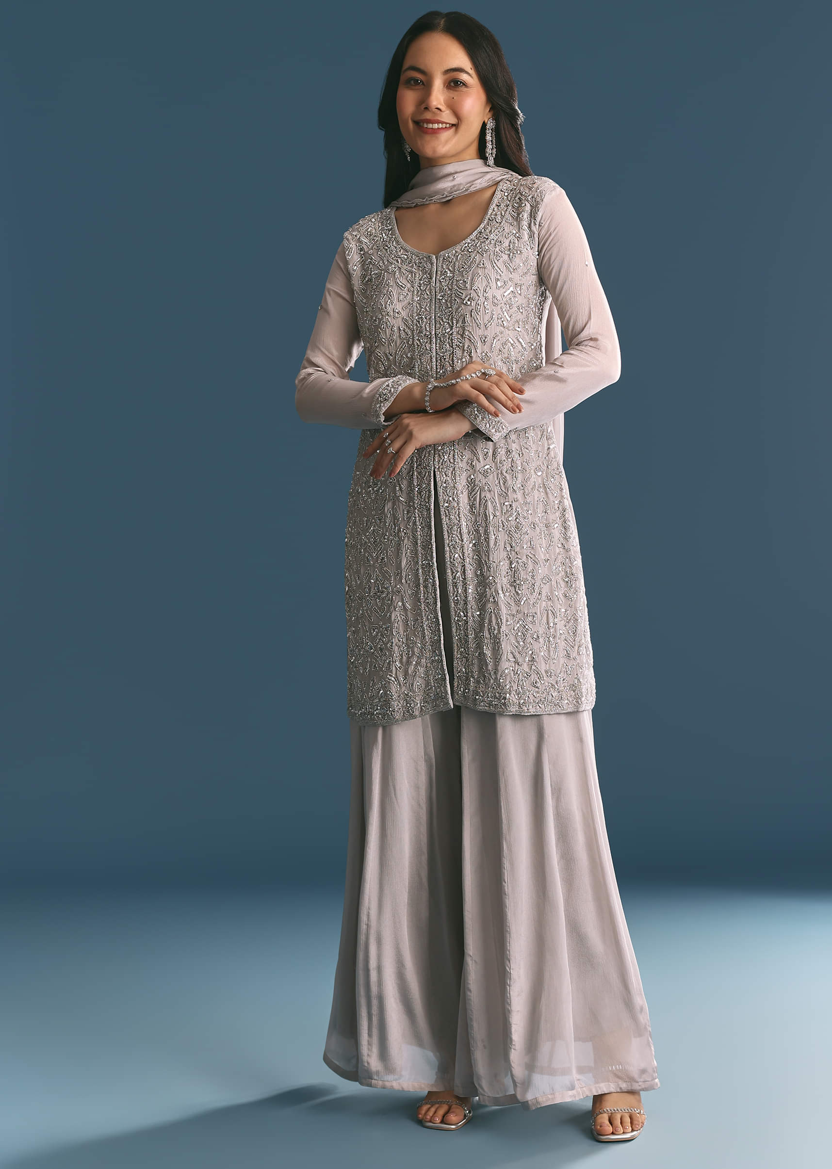 Grey Chinon Cutdana Sequin Embroidered Kurta Palazzo Suit - Image 2