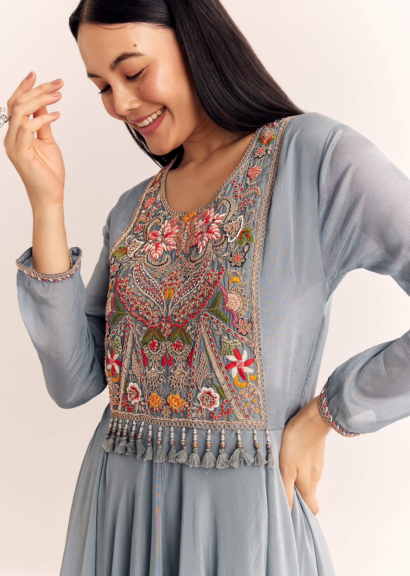 Grey Chinon Zardosi Kurta Palazzo Suit - Image 3