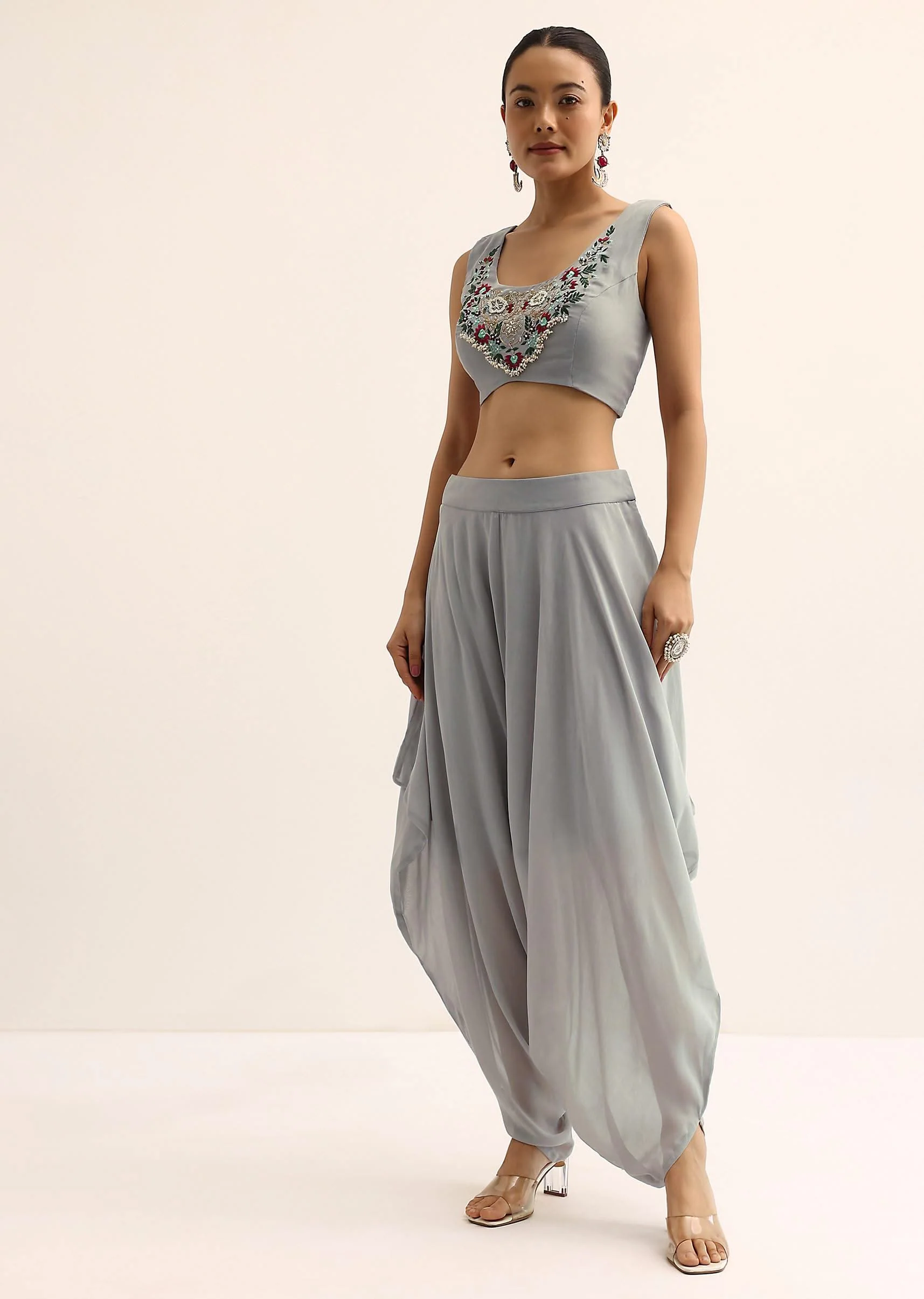 Grey Crop Top With Dhoti And Jacket - Image 6