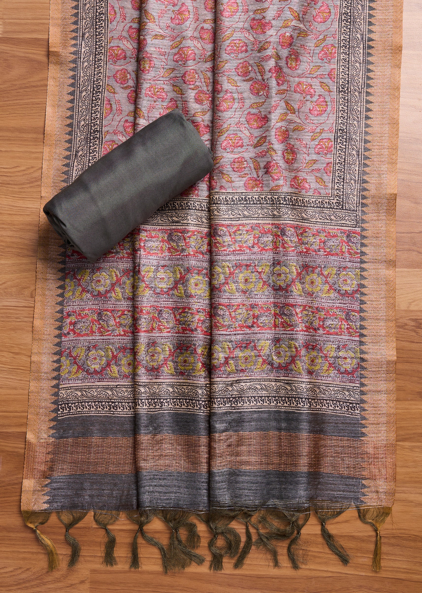 Grey Dola Silk Unstitched Suit Set - Image 5