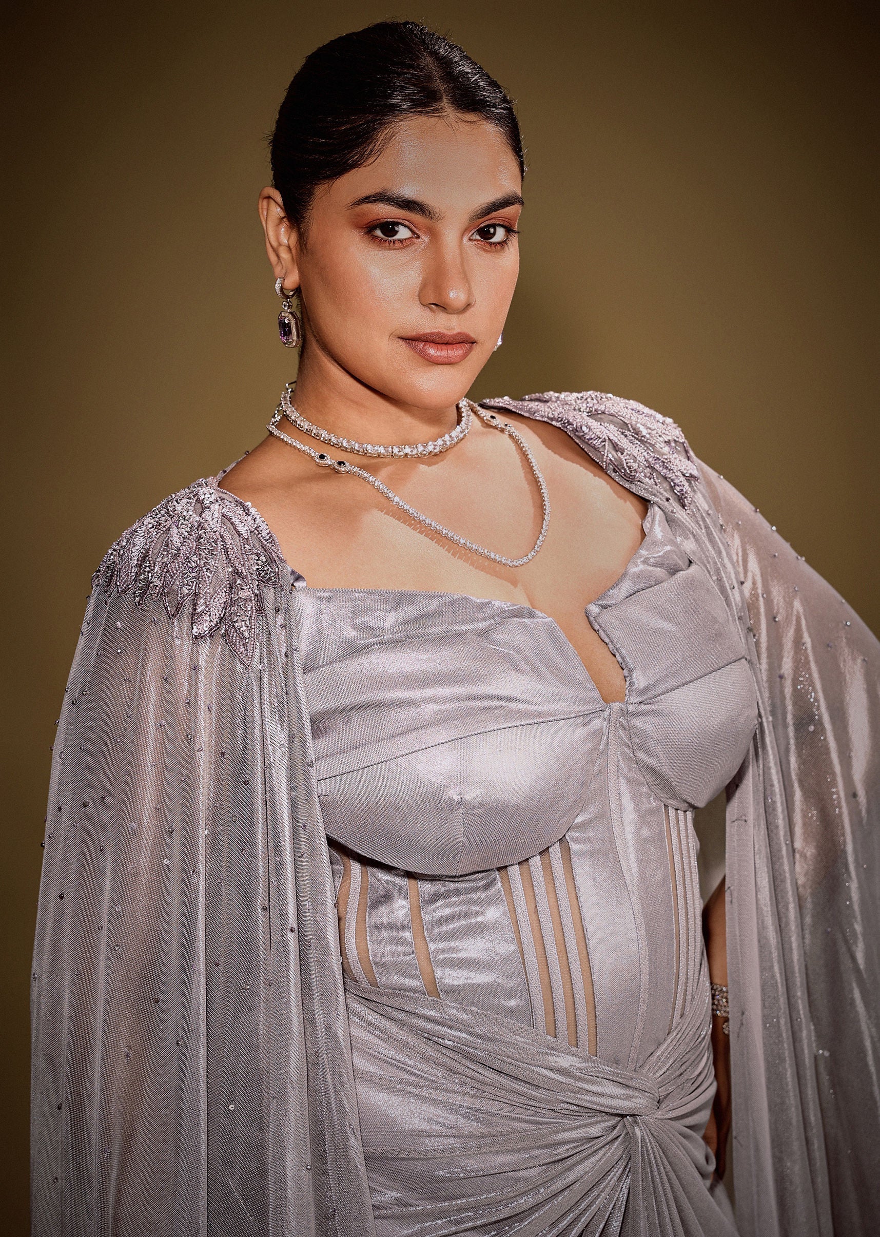 Grey Corset Drape Gown Paired With Embroidered Cape - Image 2
