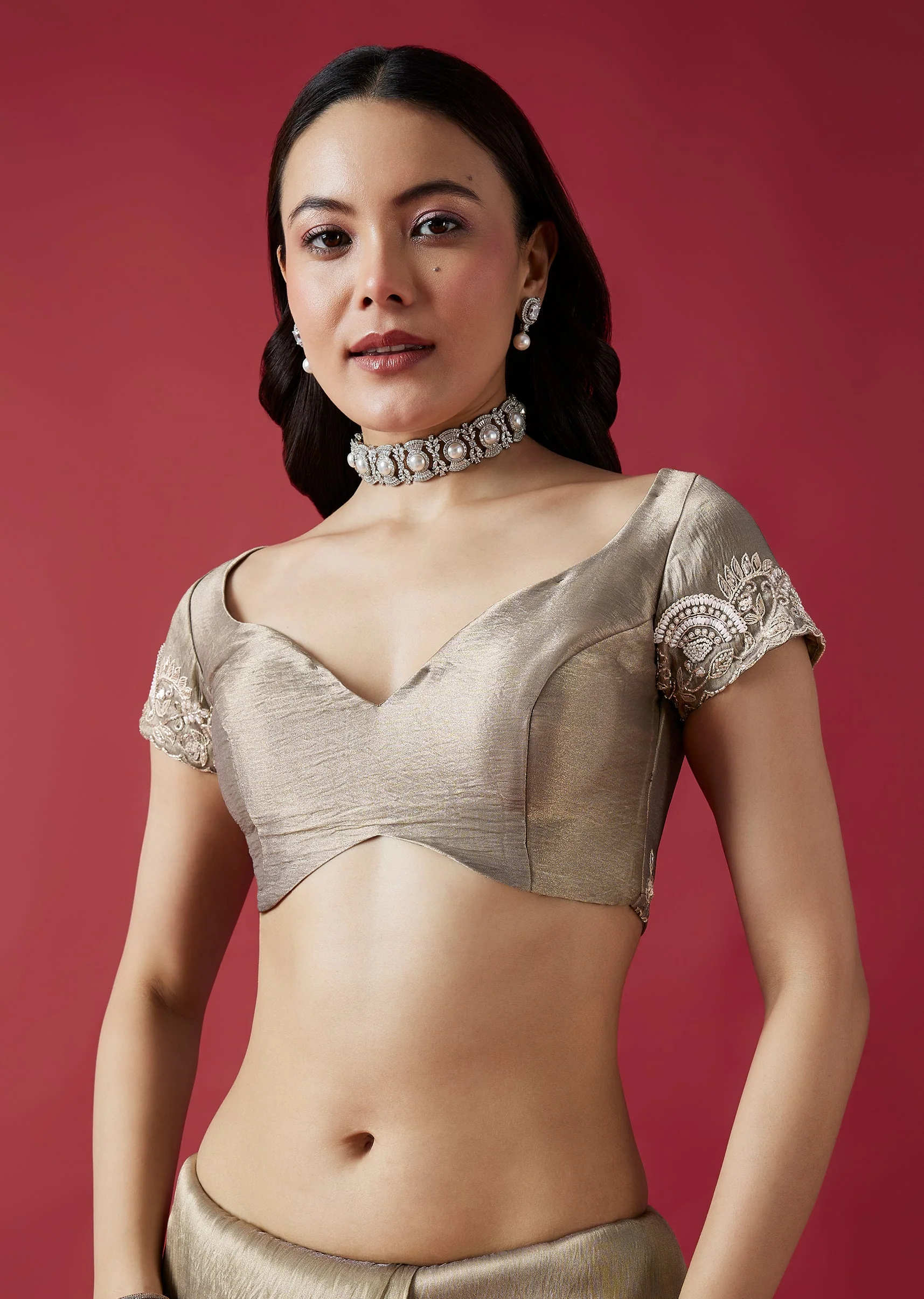 Grey Embroidered Crush Tissue Saree With Zardosi Detailing - Image 7