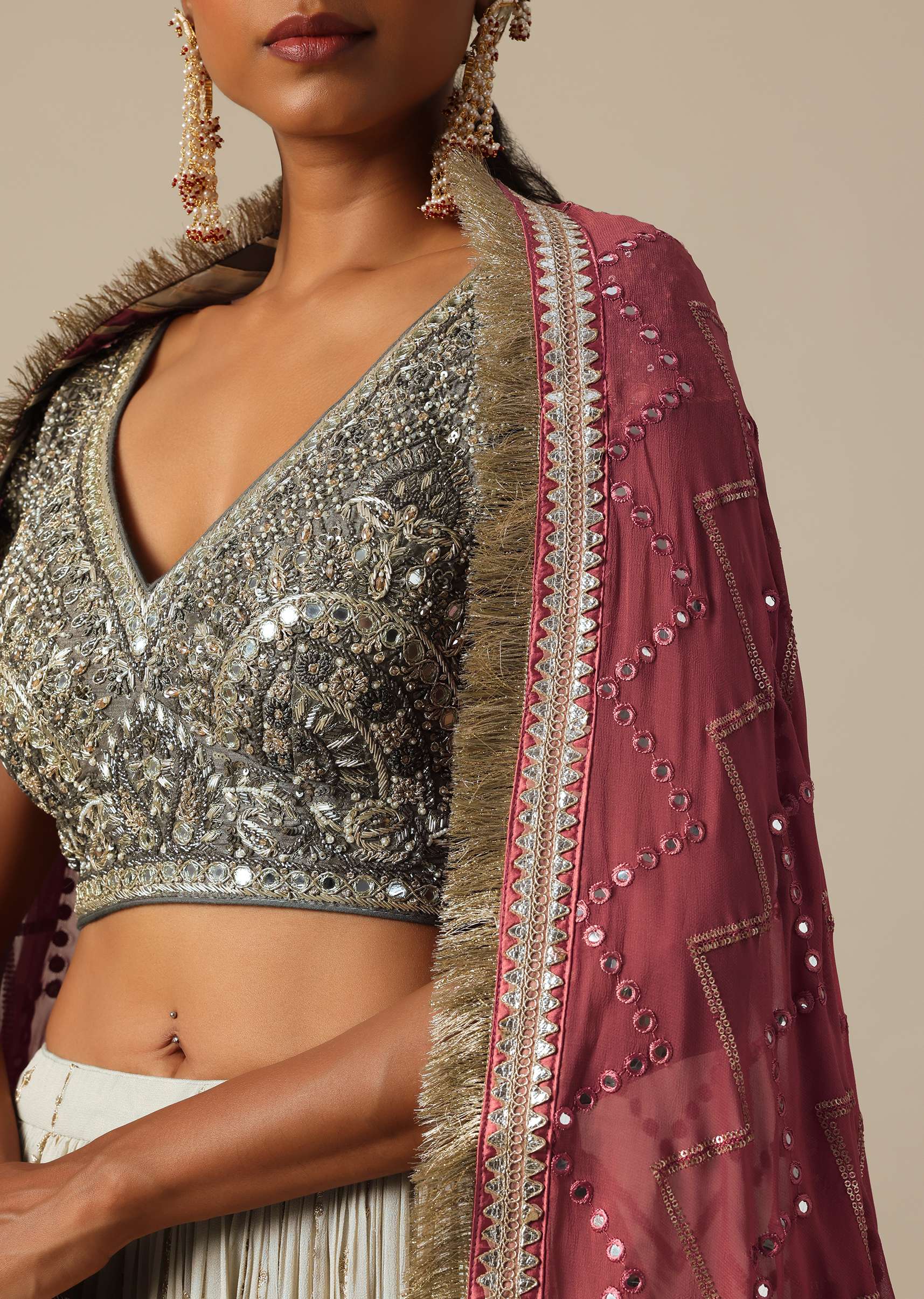 Grey Embroidered Lehenga Set With Zardozi Work - Image 4