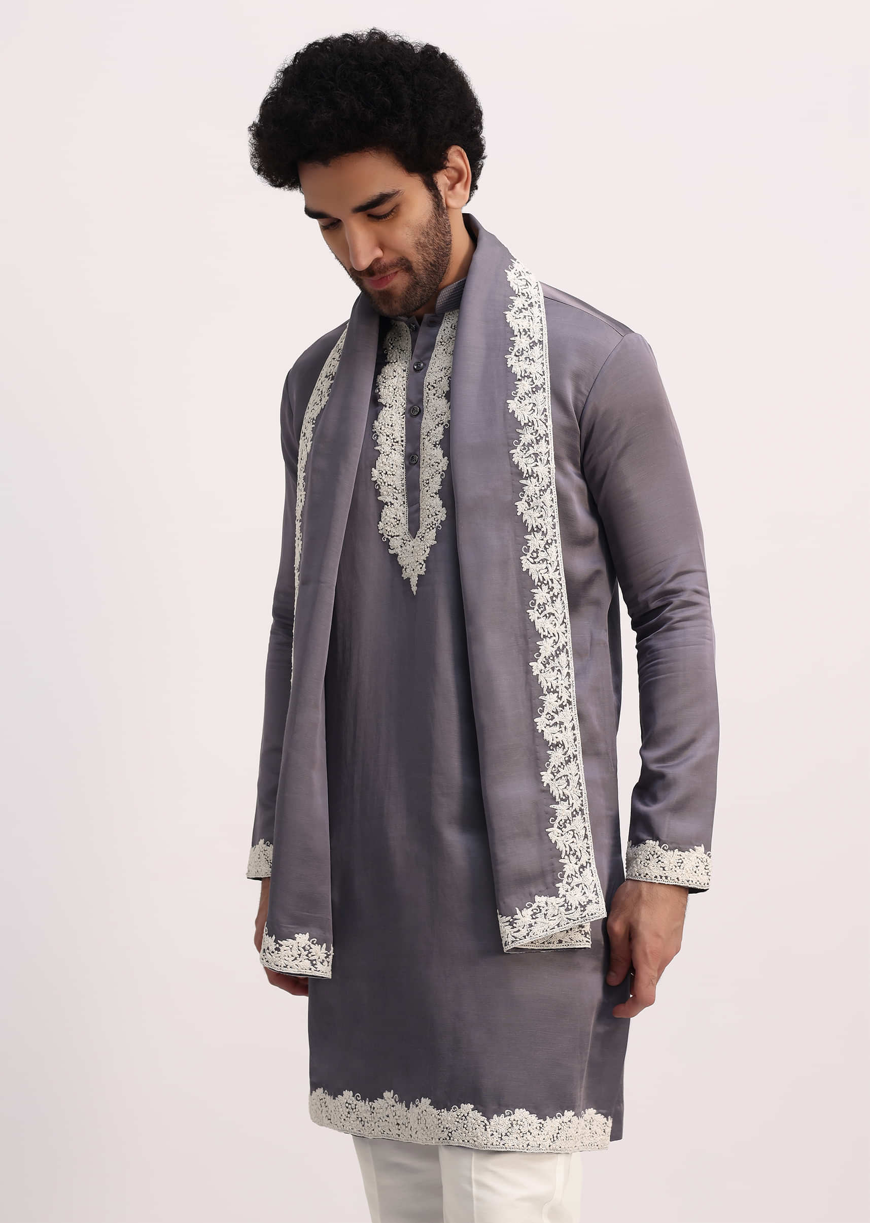 Grey Embroidered Men Kurta Set With Dupatta - Image 2