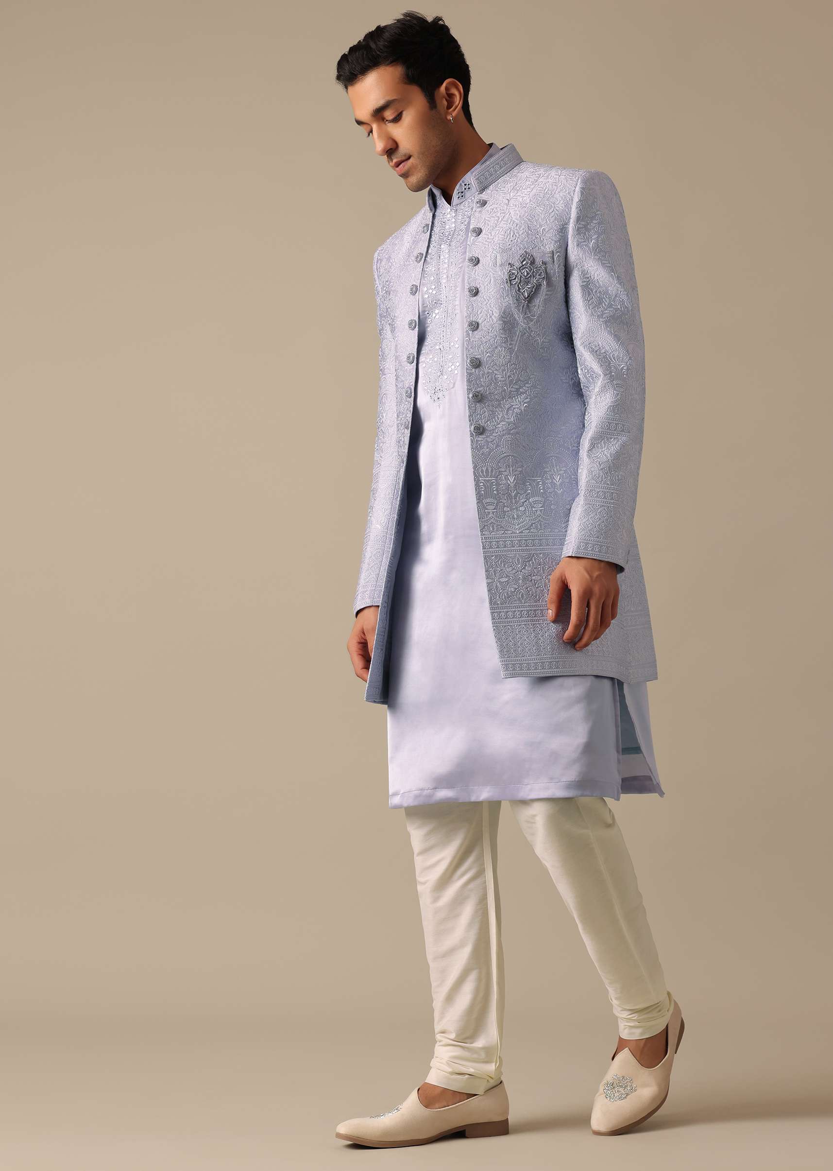 Grey Embroidered Sherwani And Kurta Set In Satin Silk - Image 2