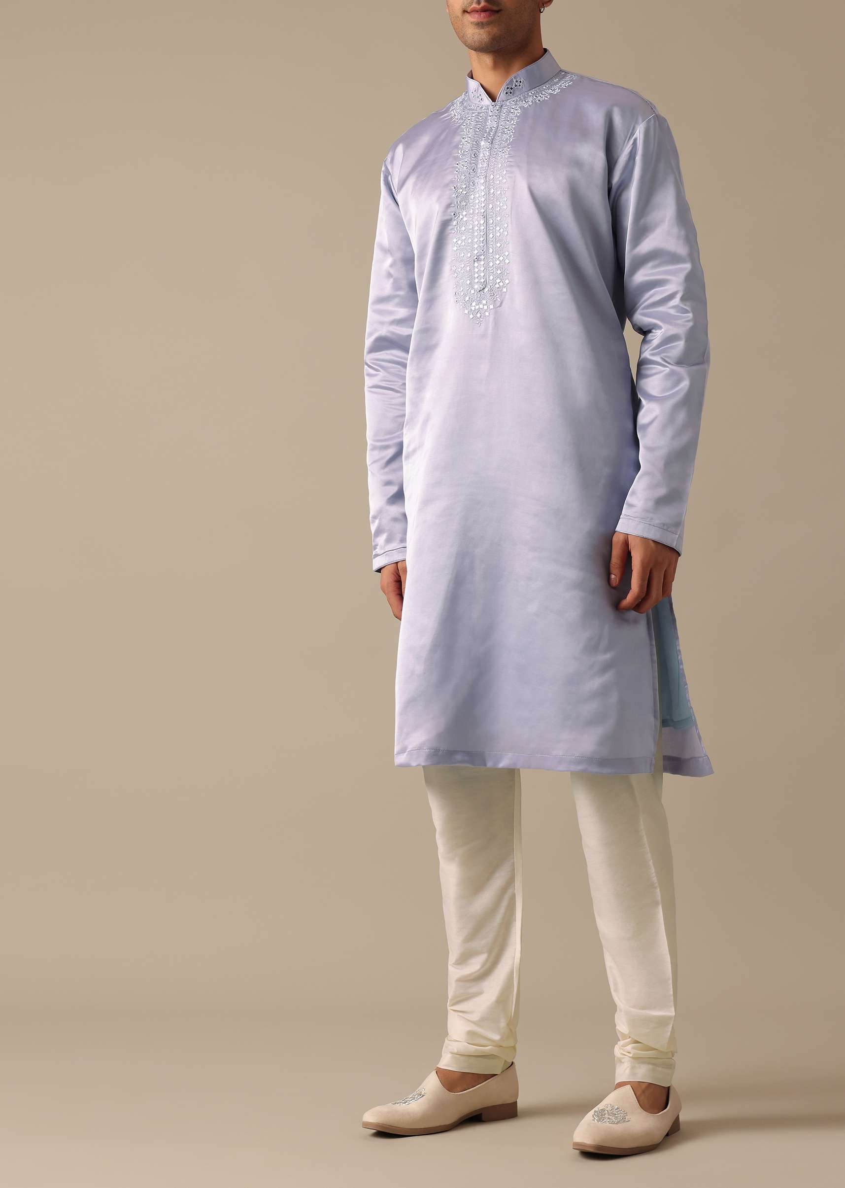 Grey Embroidered Sherwani And Kurta Set In Satin Silk - Image 6