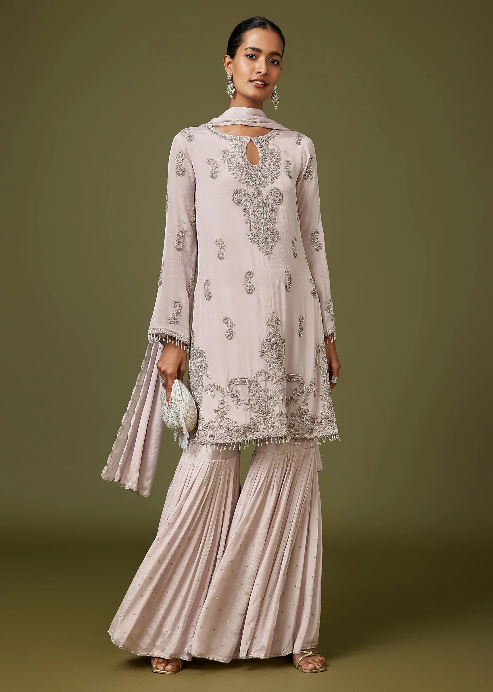 Grey French Knot Beaded Sharara Suit With Dupatta - Image 3