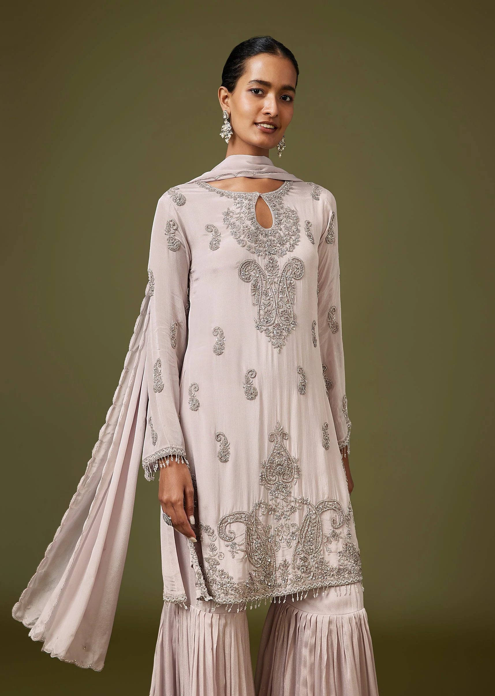 Grey French Knot Beaded Sharara Suit With Dupatta - Image 4