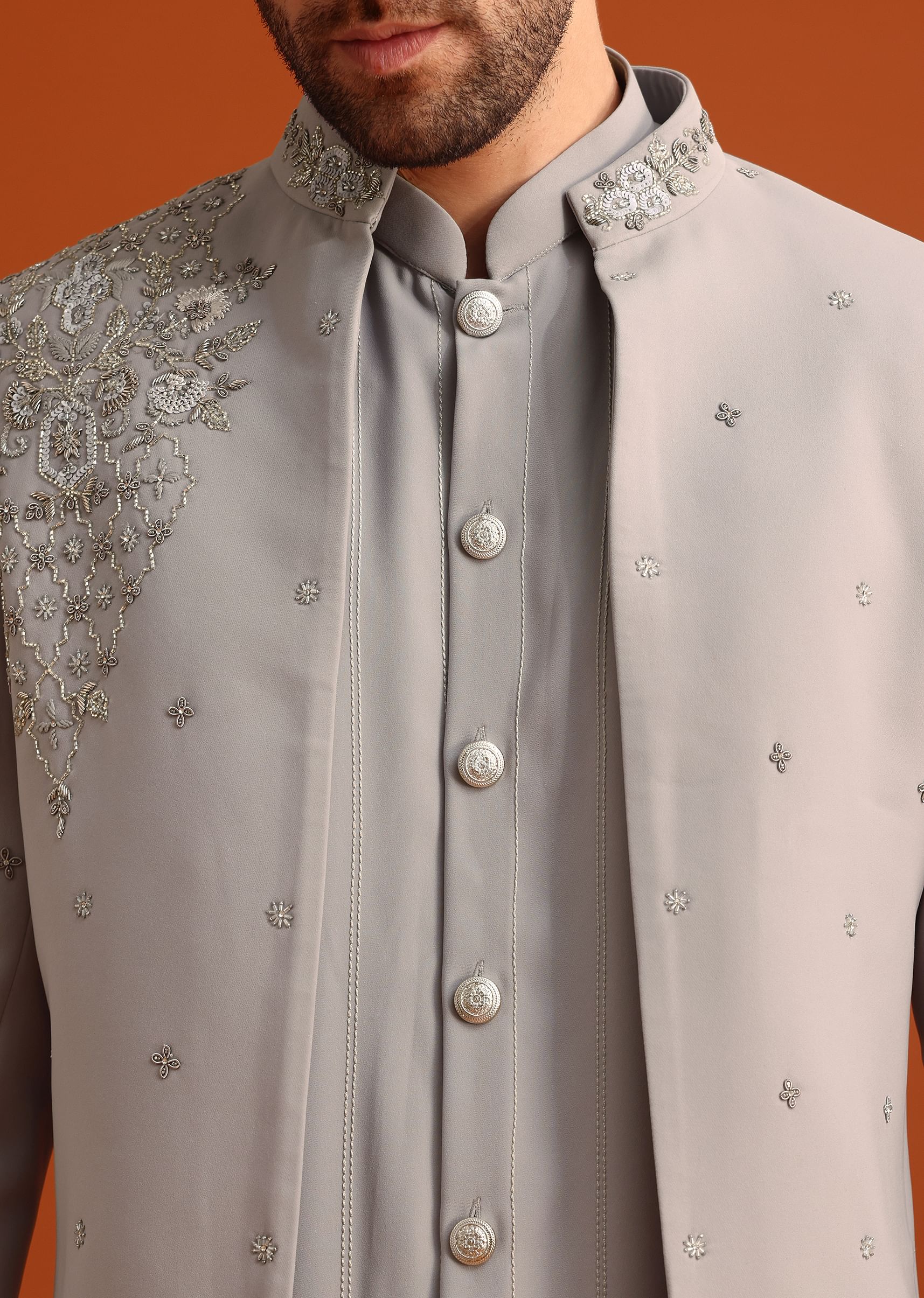 Grey Indo Western Jacket And Kurta Set - Image 3