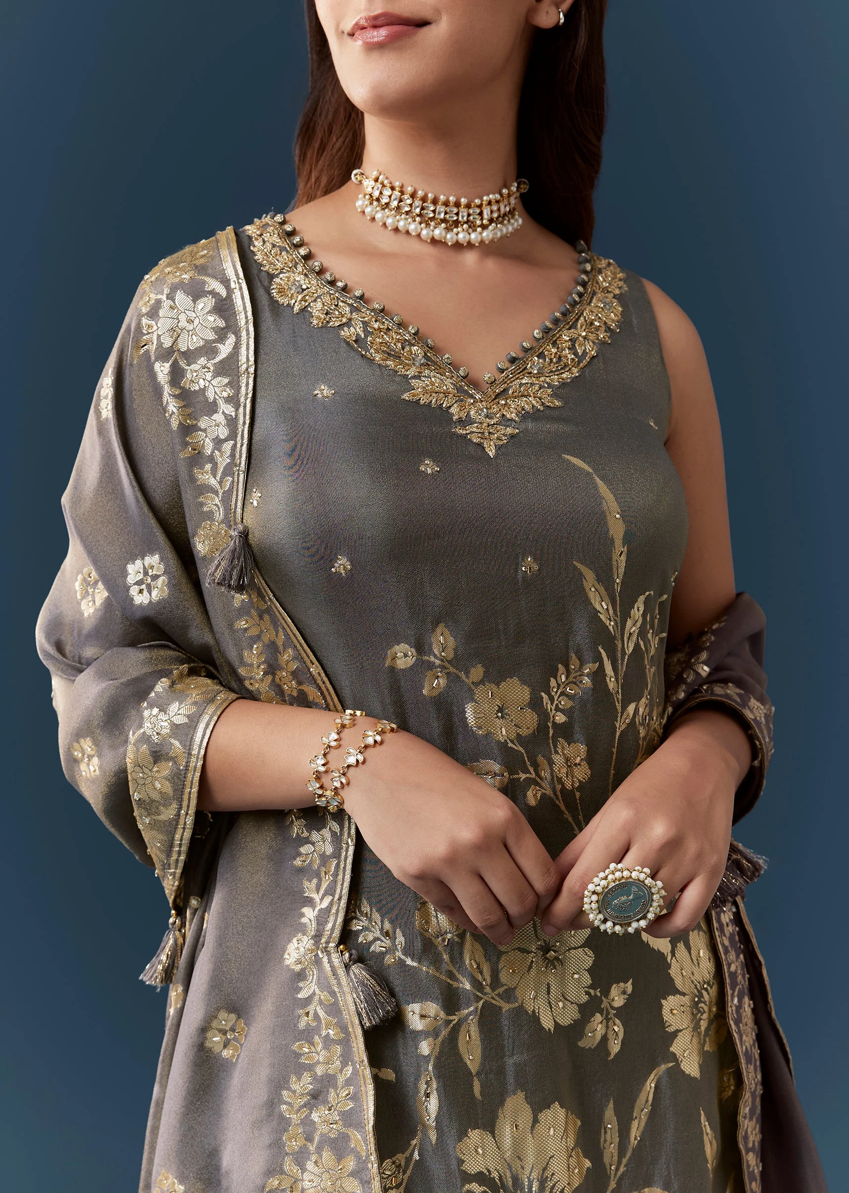 Grey Jacquard Weave Stone Work Kurta Sharara Set - Image 2