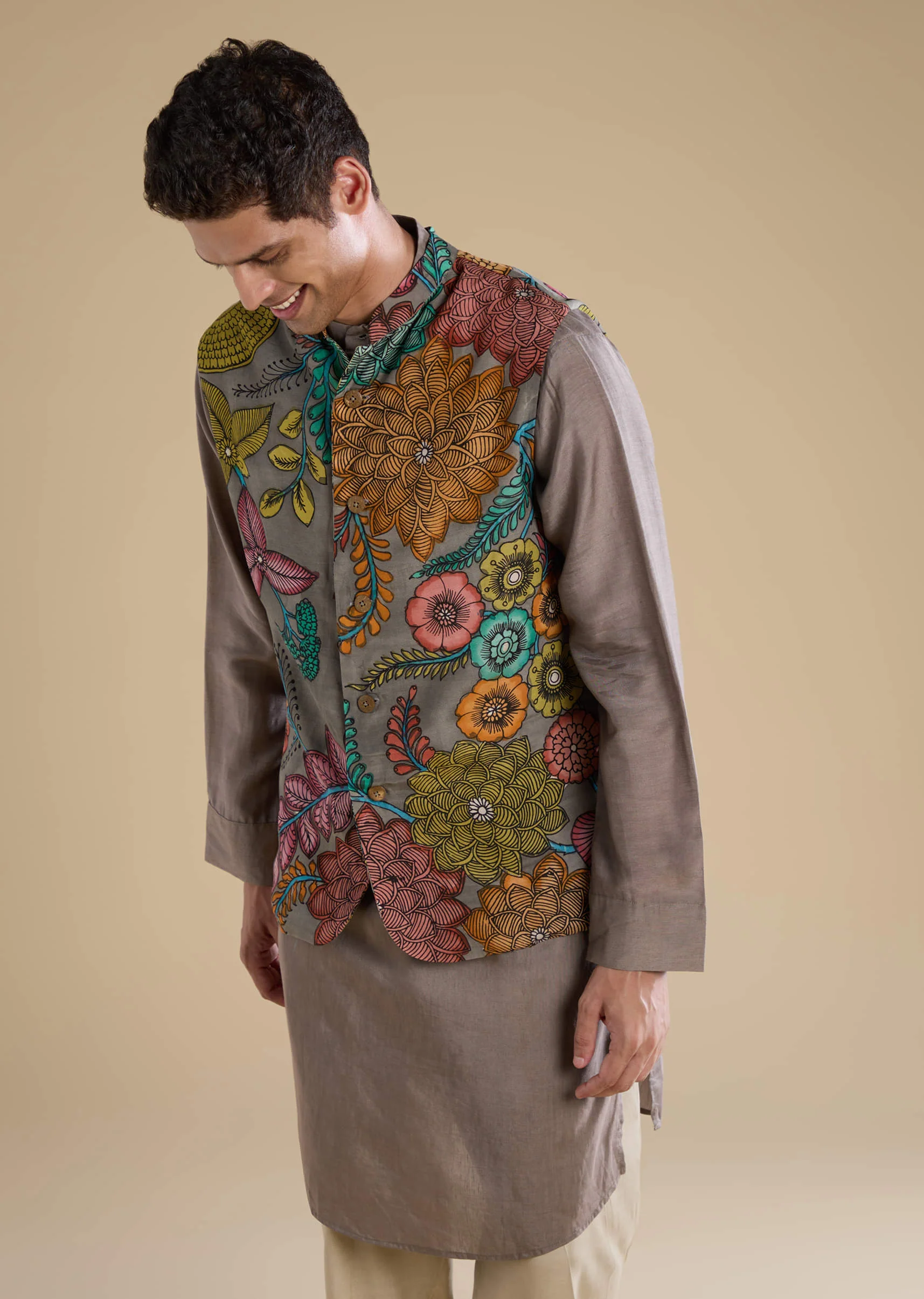 Grey Kalamkari Mens Jacket Kurta and Pant Set - Image 4