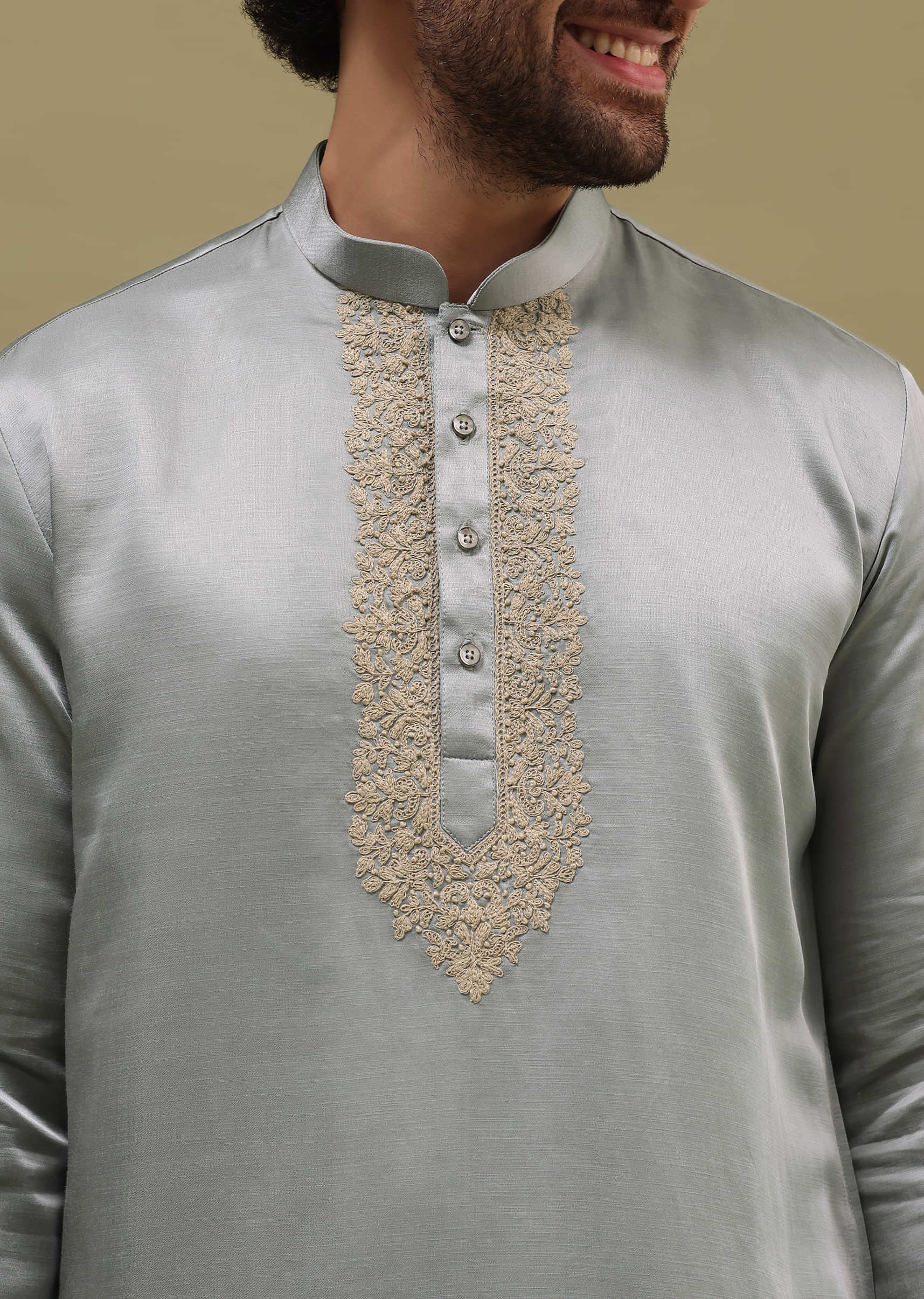 Grey Kurta Set In Resham Work With Dupatta For Men - Image 4