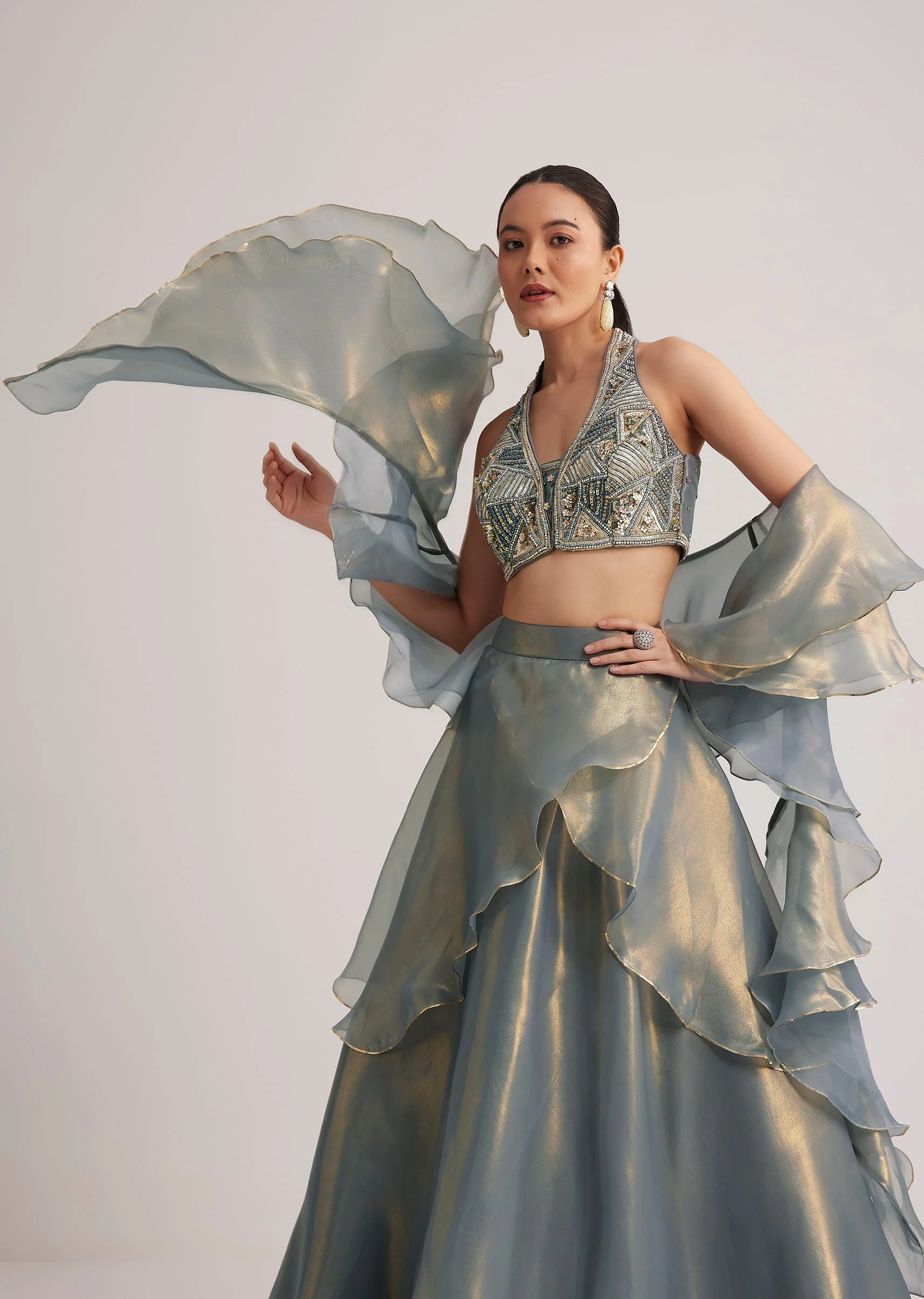 Grey Organza Embellished Lehenga Set With Dupatta - Image 2