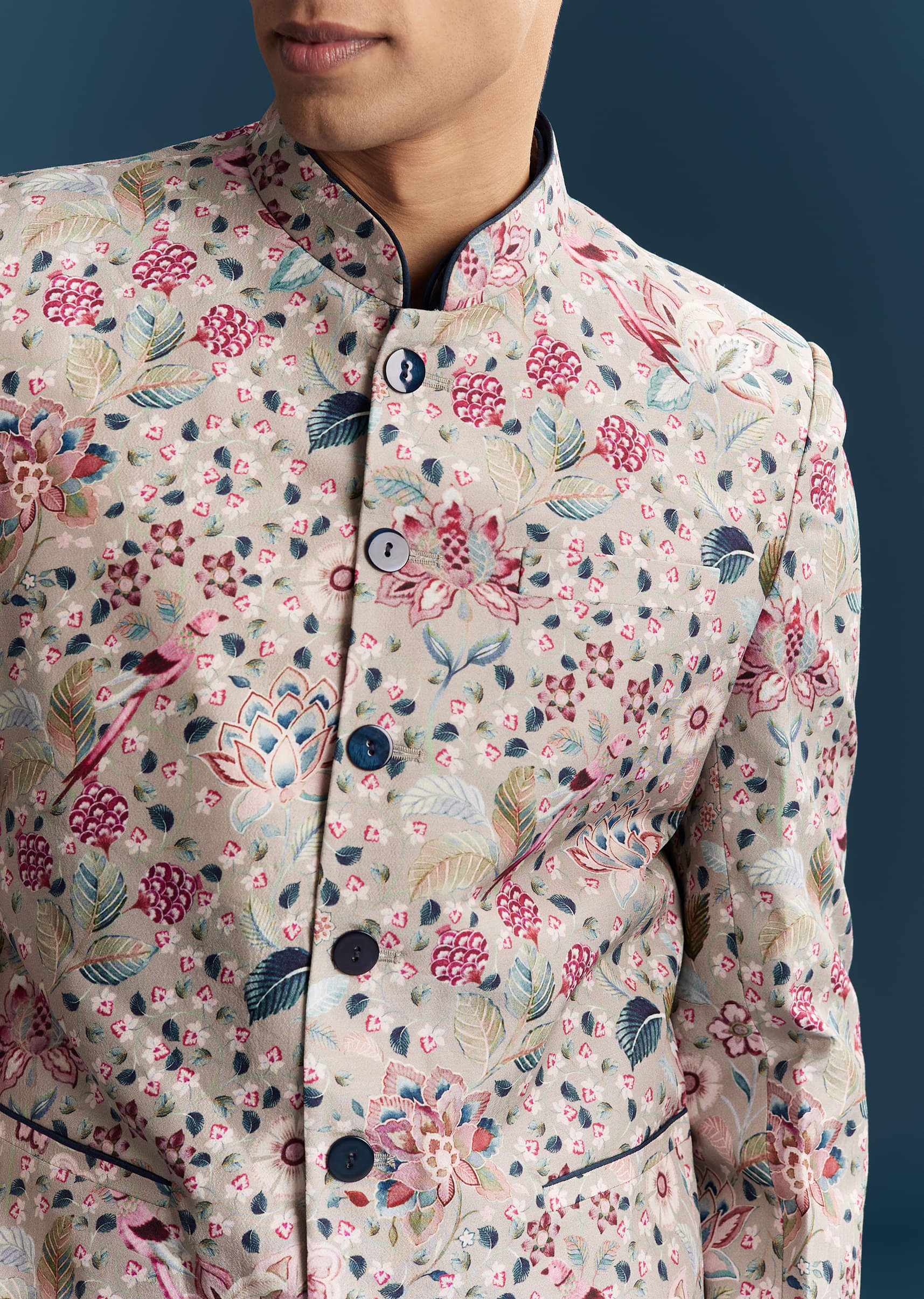 Grey Silk Kurta Jacket Set For Men With Floral Print And Sequins - Image 2