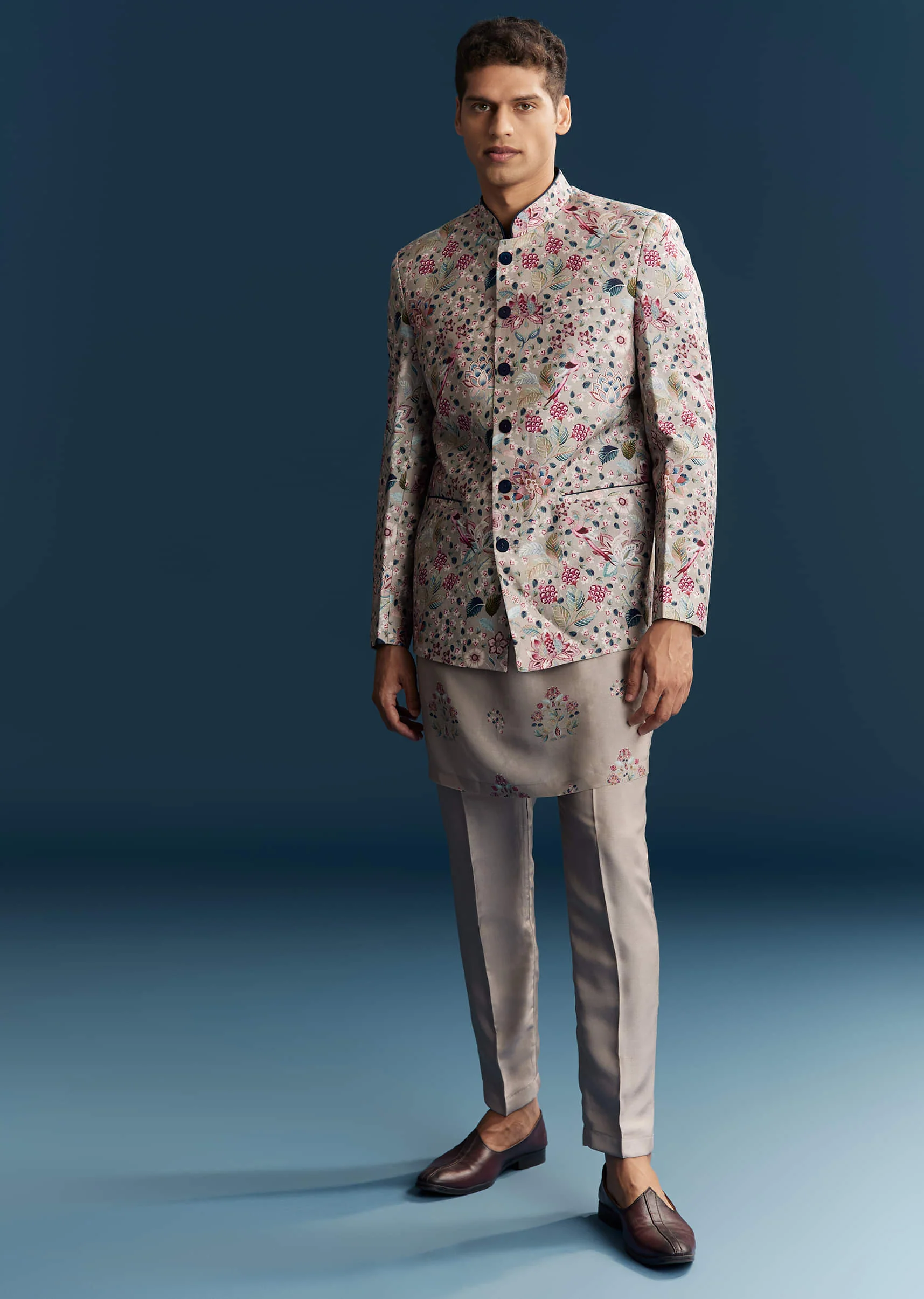 Grey Silk Kurta Jacket Set For Men With Floral Print And Sequins - Image 3