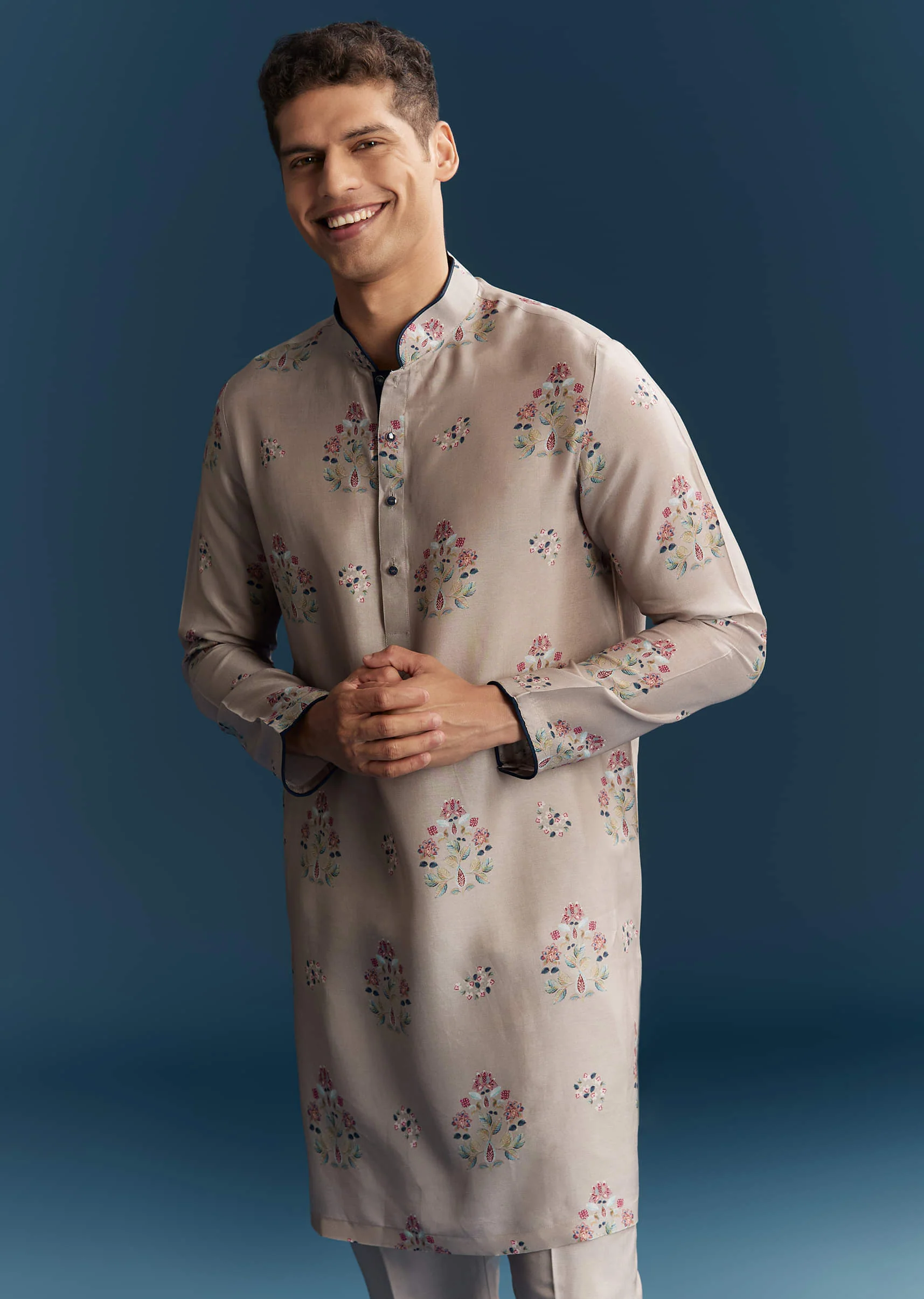 Grey Silk Kurta Jacket Set For Men With Floral Print And Sequins - Image 6
