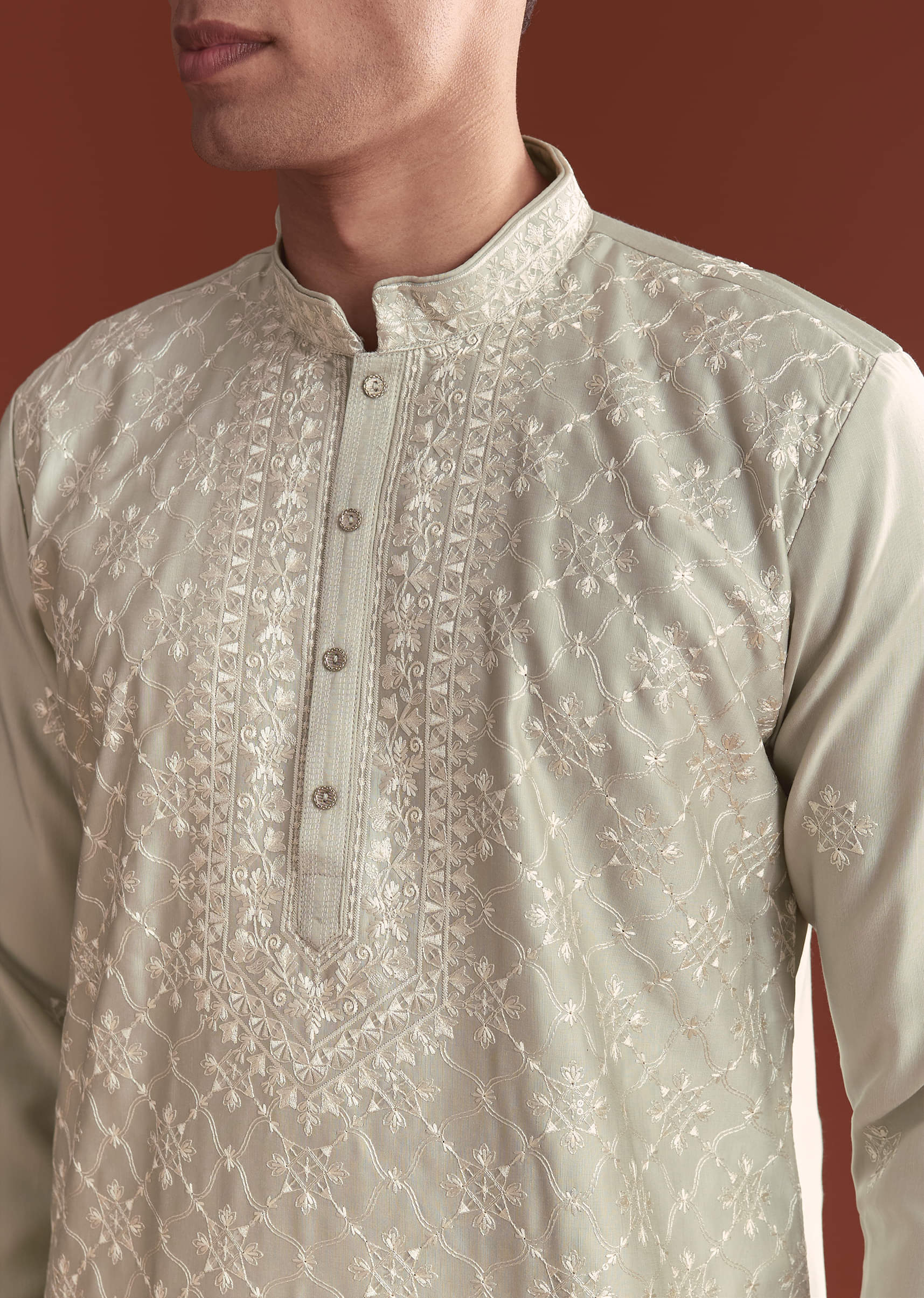 Grey Silk Kurta Set For Men With Resham Embroidery - Image 2