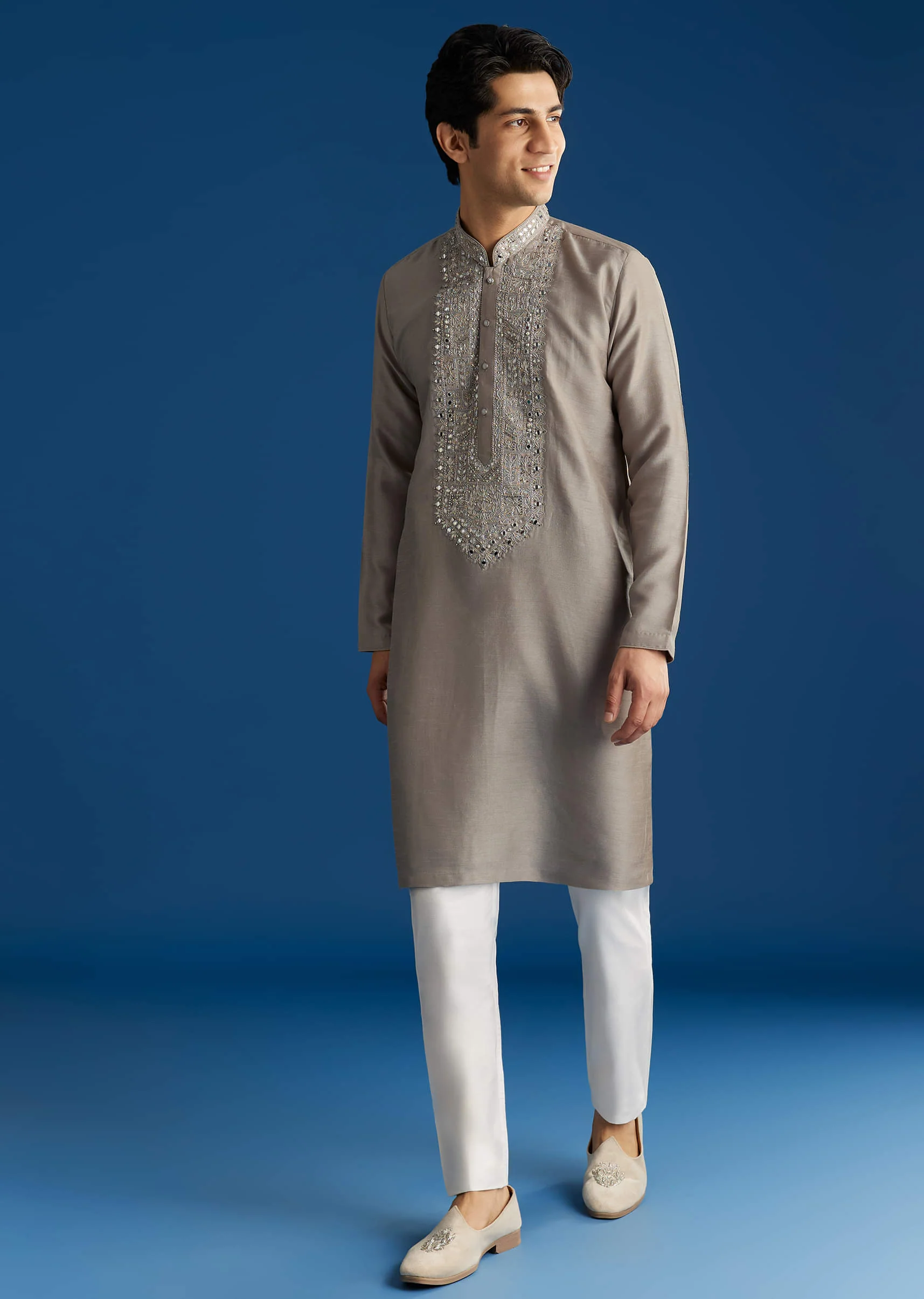 Grey Silk Kurta Set With Mirror Gotta And Zari Work - Image 2