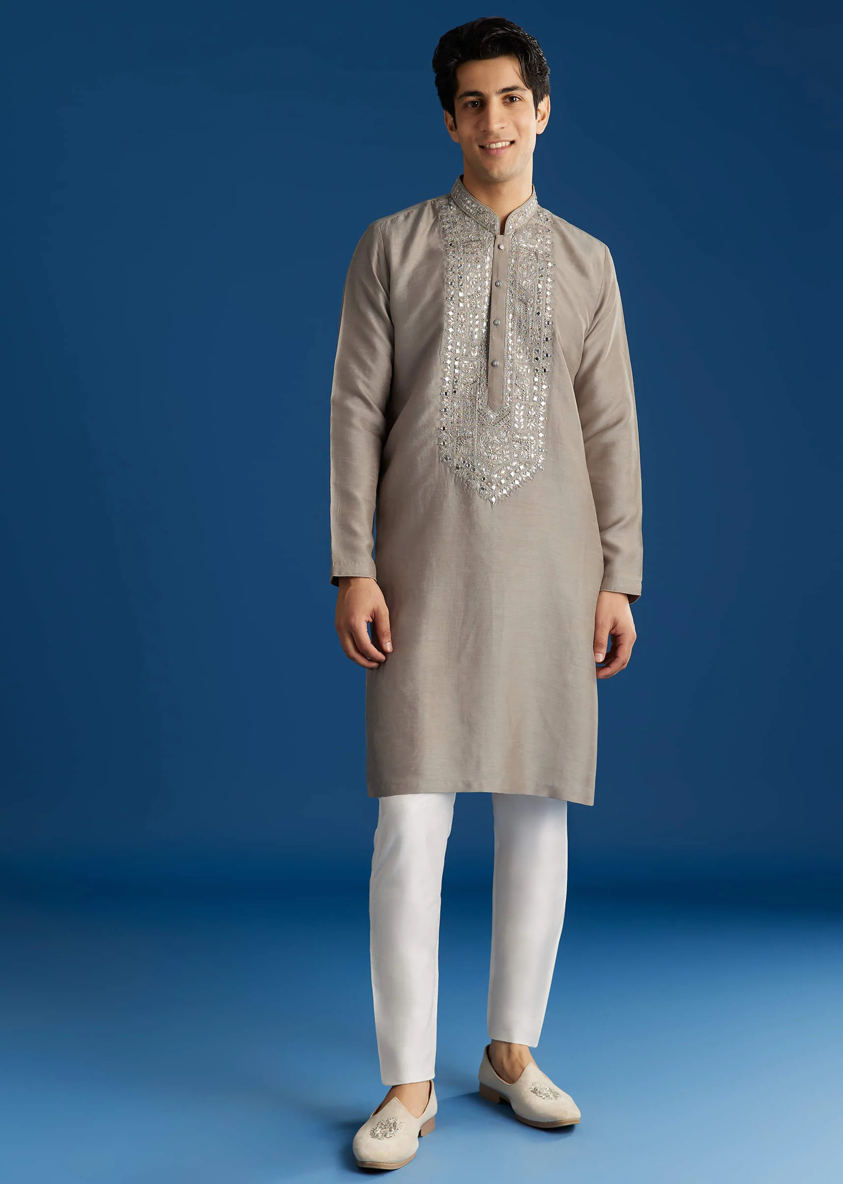 Grey Silk Kurta Set With Mirror Gotta And Zari Work - Image 4