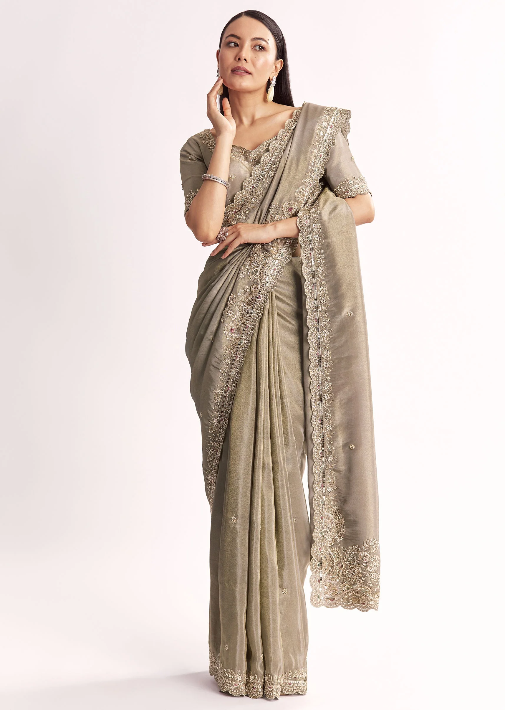 Grey Tissue Saree With Cutdana Sequins Beads And Resham Embroidery - Image 3