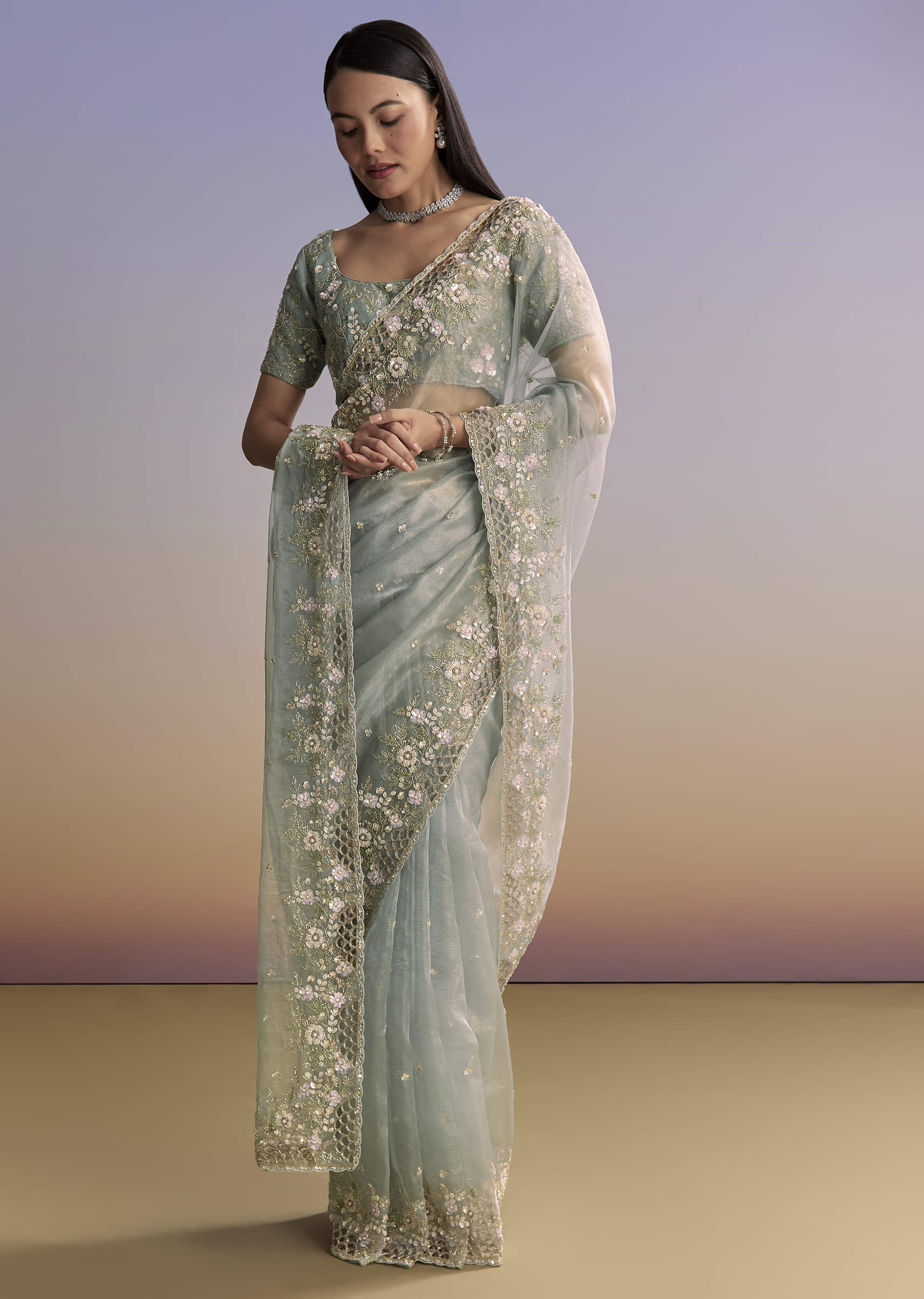 Grey Tissue Saree With Floral Embroidery And Cutwork Border - Image 3