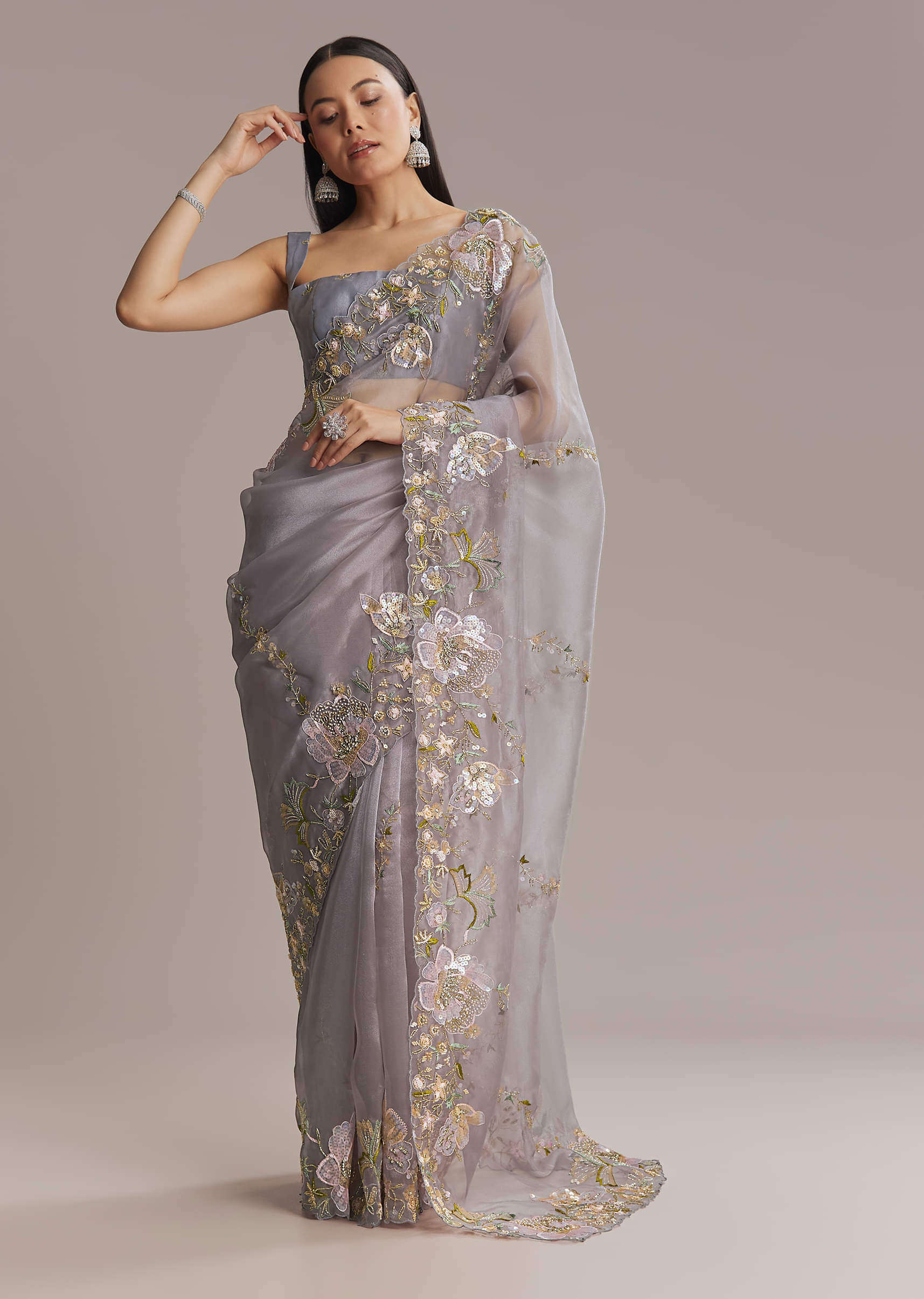 Grey Tissue Saree With Resham And Moti Embroidery - Image 10