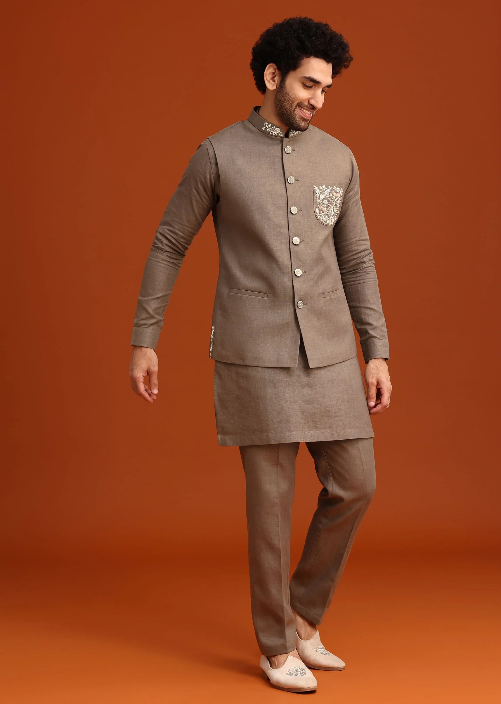 Grey Zardozi Work Linen Jacket Kurta Set - Image 3