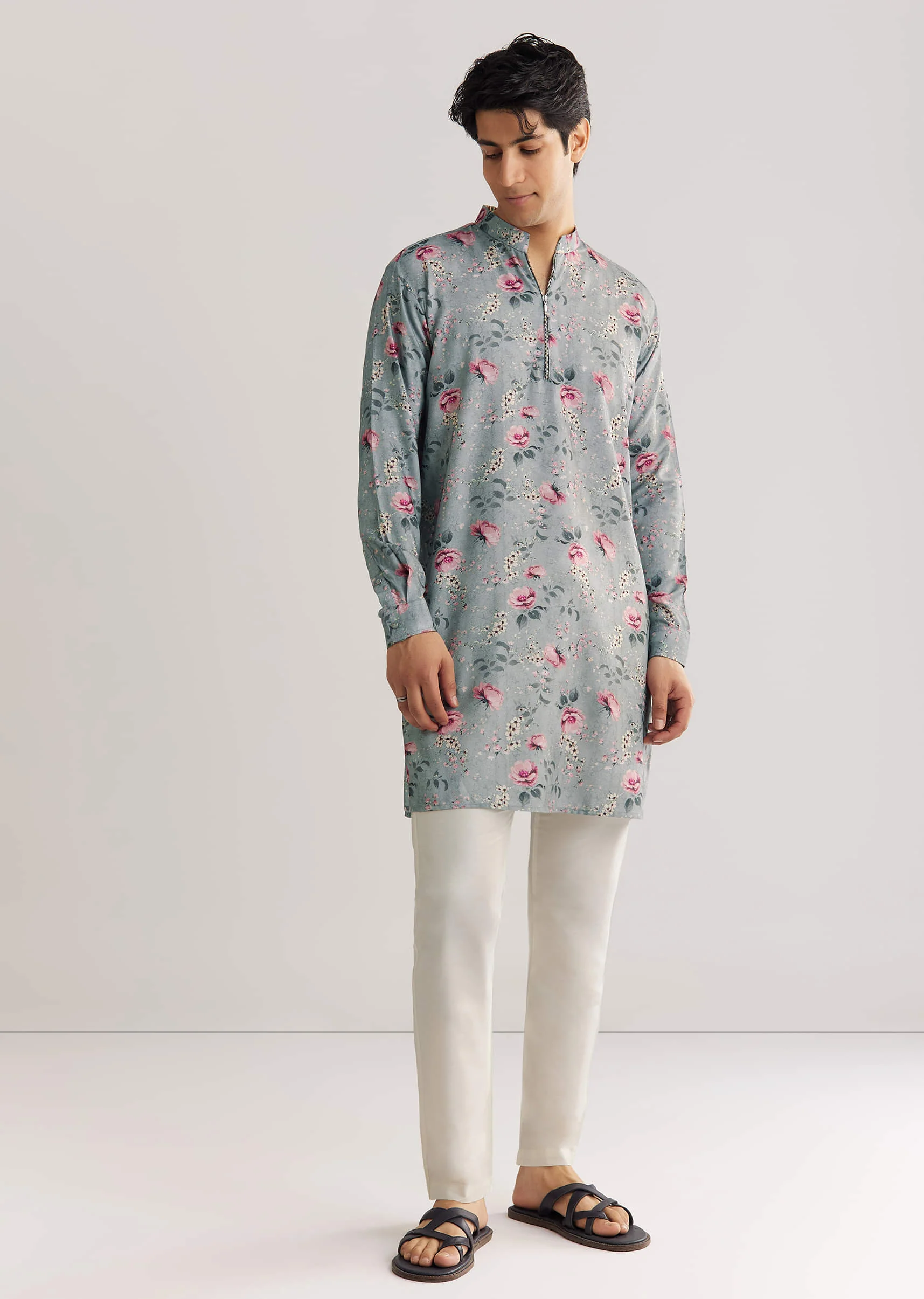 Grey Zipper Kurta Set With Floral Prints - Image 4