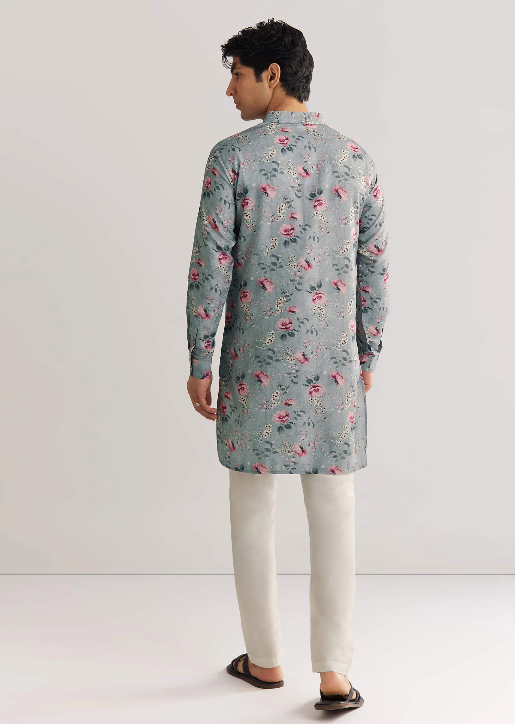 Grey Zipper Kurta Set With Floral Prints - Image 5