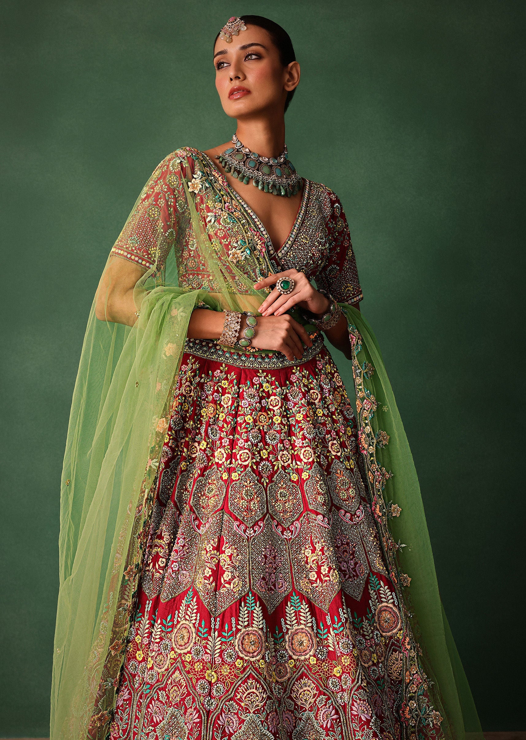 Hand Embroidered Multicolour Thread Work Red Bridal Lehenga Set With Dupatta - Image 2