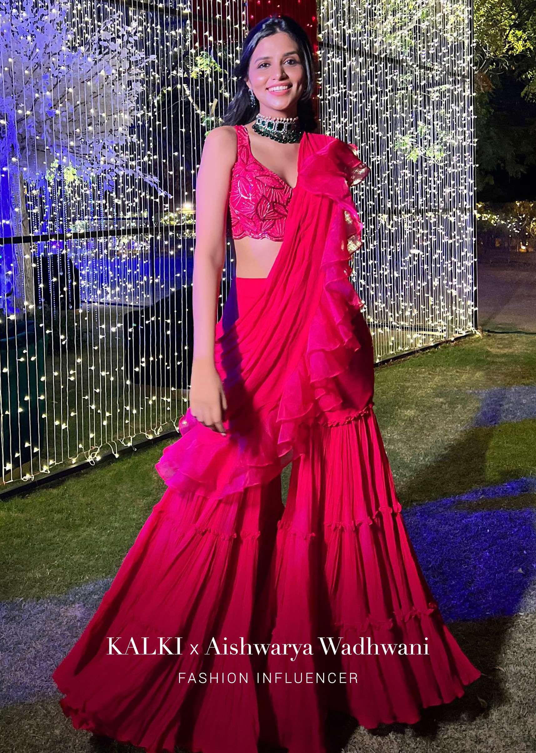 Hot Pink Crop Top Sharara Suit With An Attached Ruffle Draped And An Hand Embroidered Leaf Motifs - Image 10