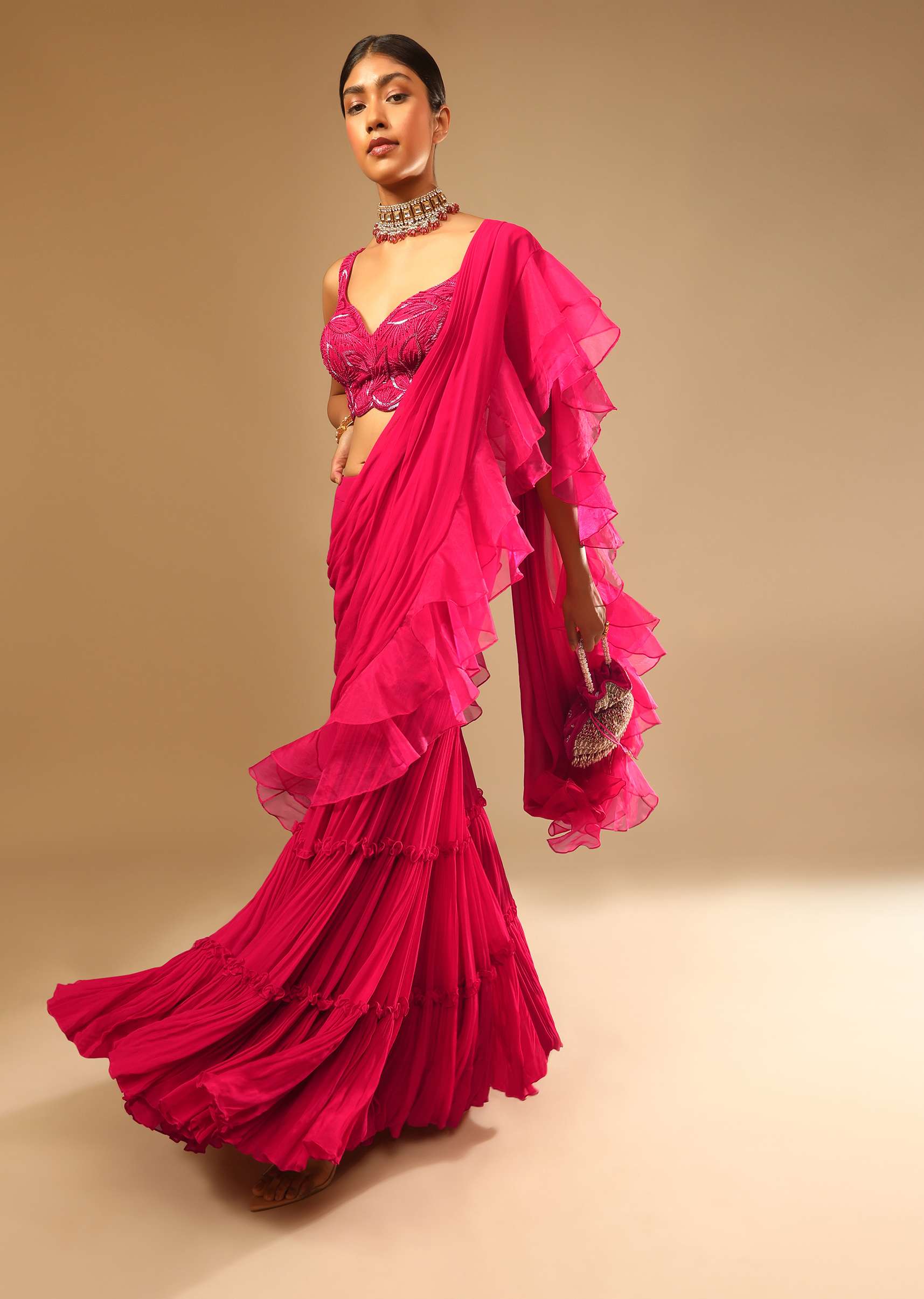 Hot Pink Crop Top Sharara Suit With An Attached Ruffle Draped And An Hand Embroidered Leaf Motifs - Image 3