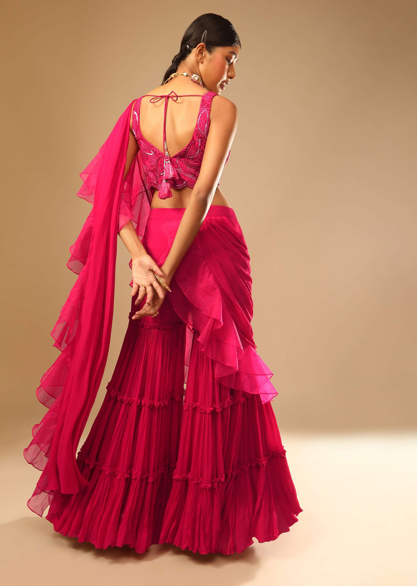 Hot Pink Crop Top Sharara Suit With An Attached Ruffle Draped And An Hand Embroidered Leaf Motifs - Image 4