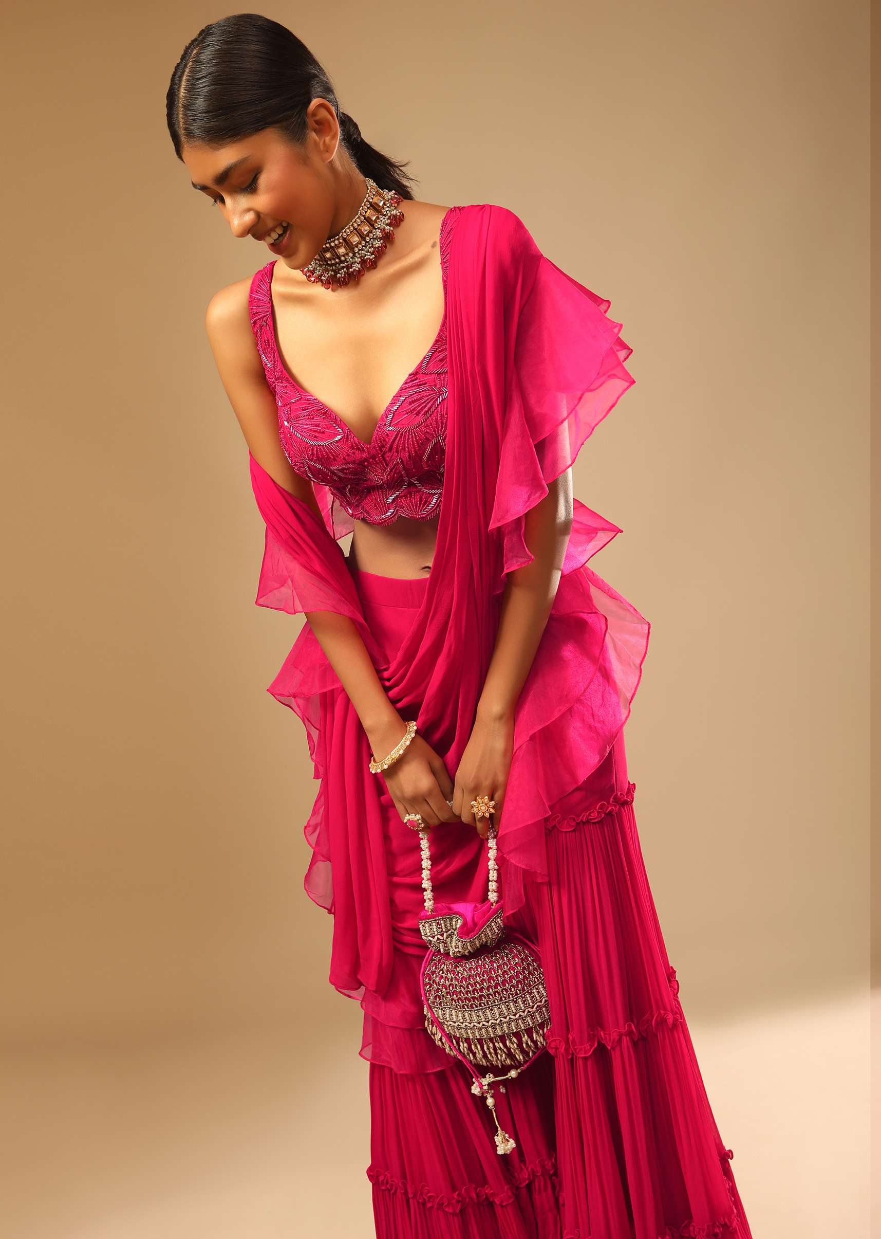Hot Pink Crop Top Sharara Suit With An Attached Ruffle Draped And An Hand Embroidered Leaf Motifs - Image 5