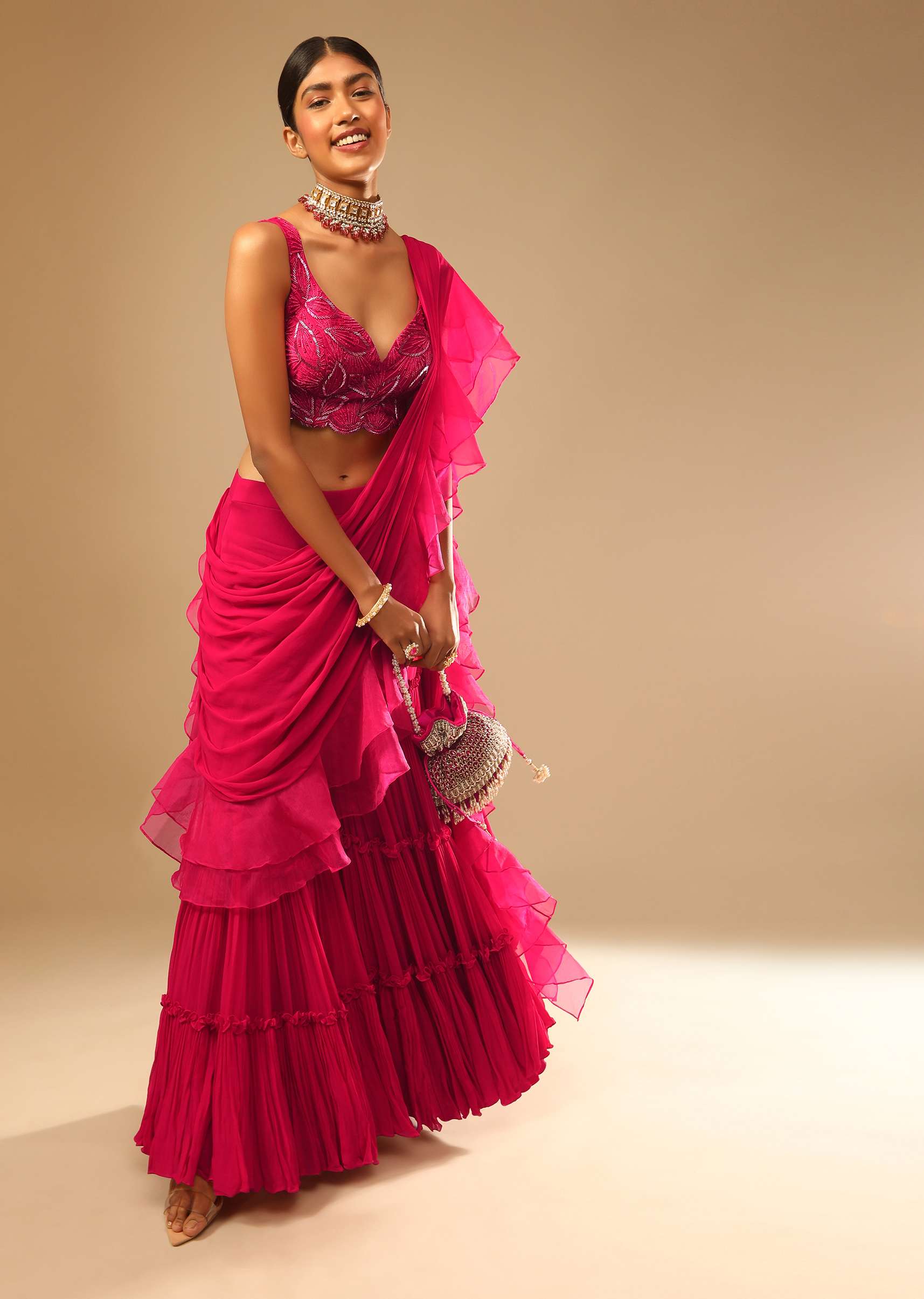 Hot Pink Crop Top Sharara Suit With An Attached Ruffle Draped And An Hand Embroidered Leaf Motifs - Image 6