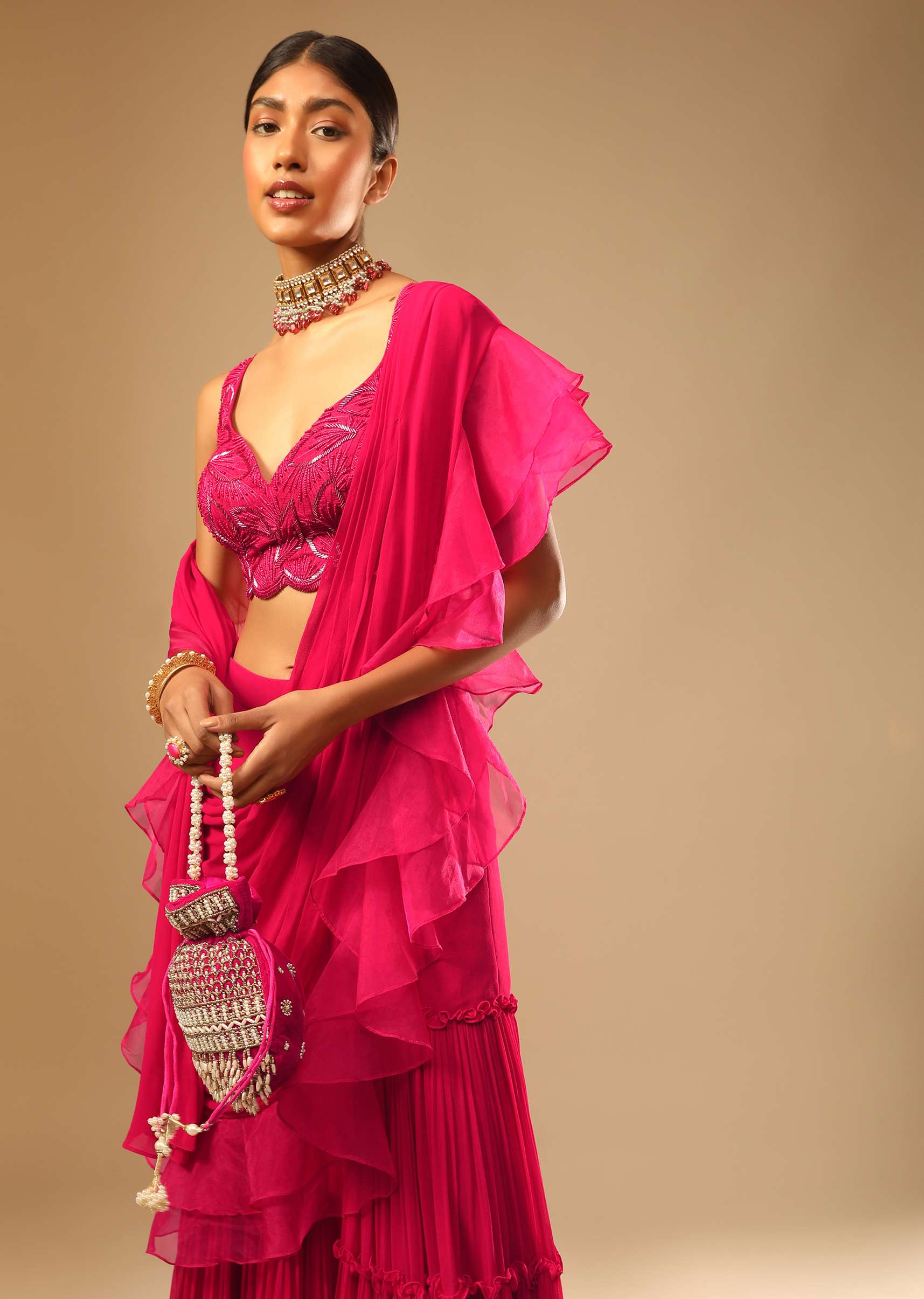 Hot Pink Crop Top Sharara Suit With An Attached Ruffle Draped And An Hand Embroidered Leaf Motifs - Image 7