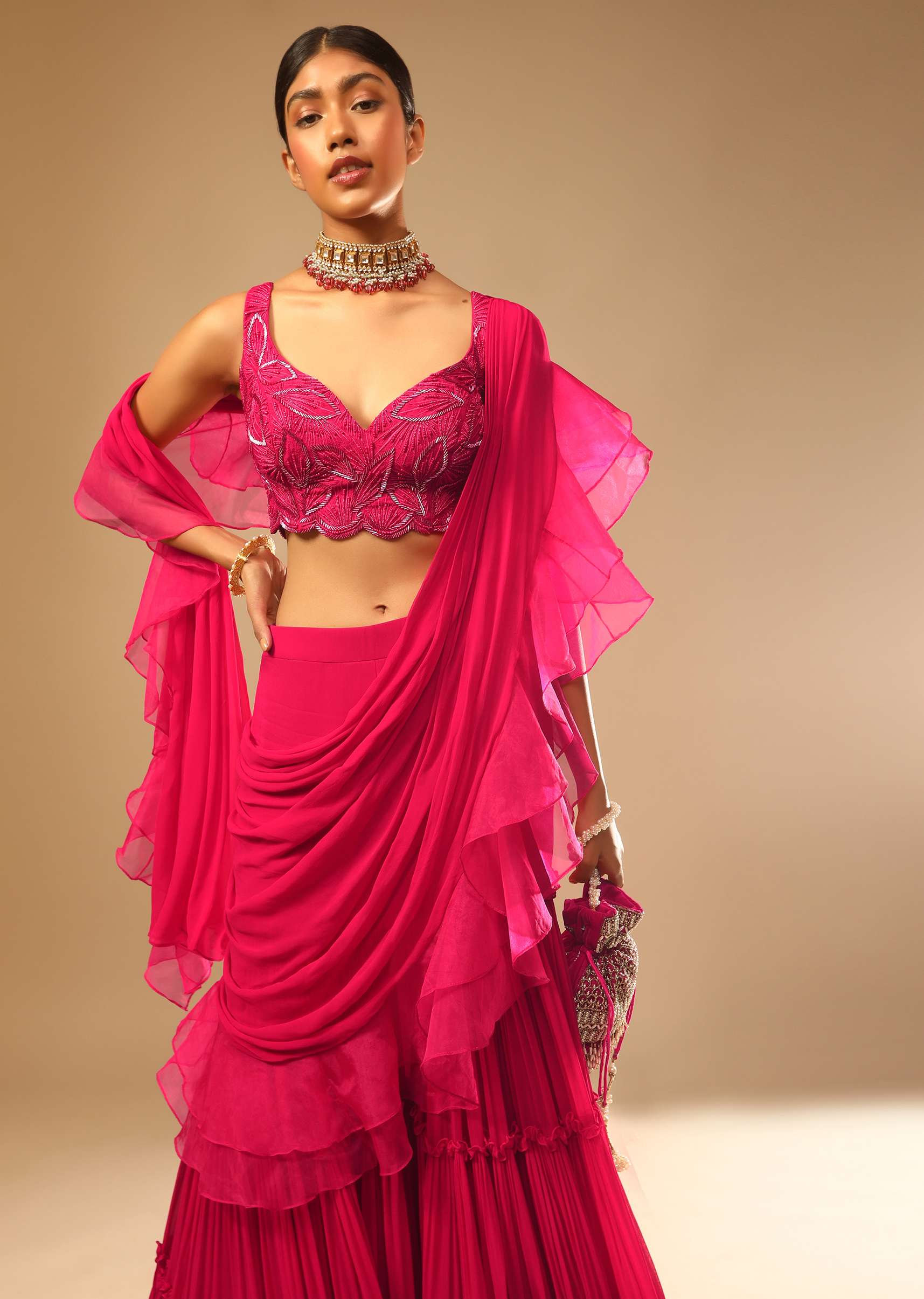 Hot Pink Crop Top Sharara Suit With An Attached Ruffle Draped And An Hand Embroidered Leaf Motifs - Image 8