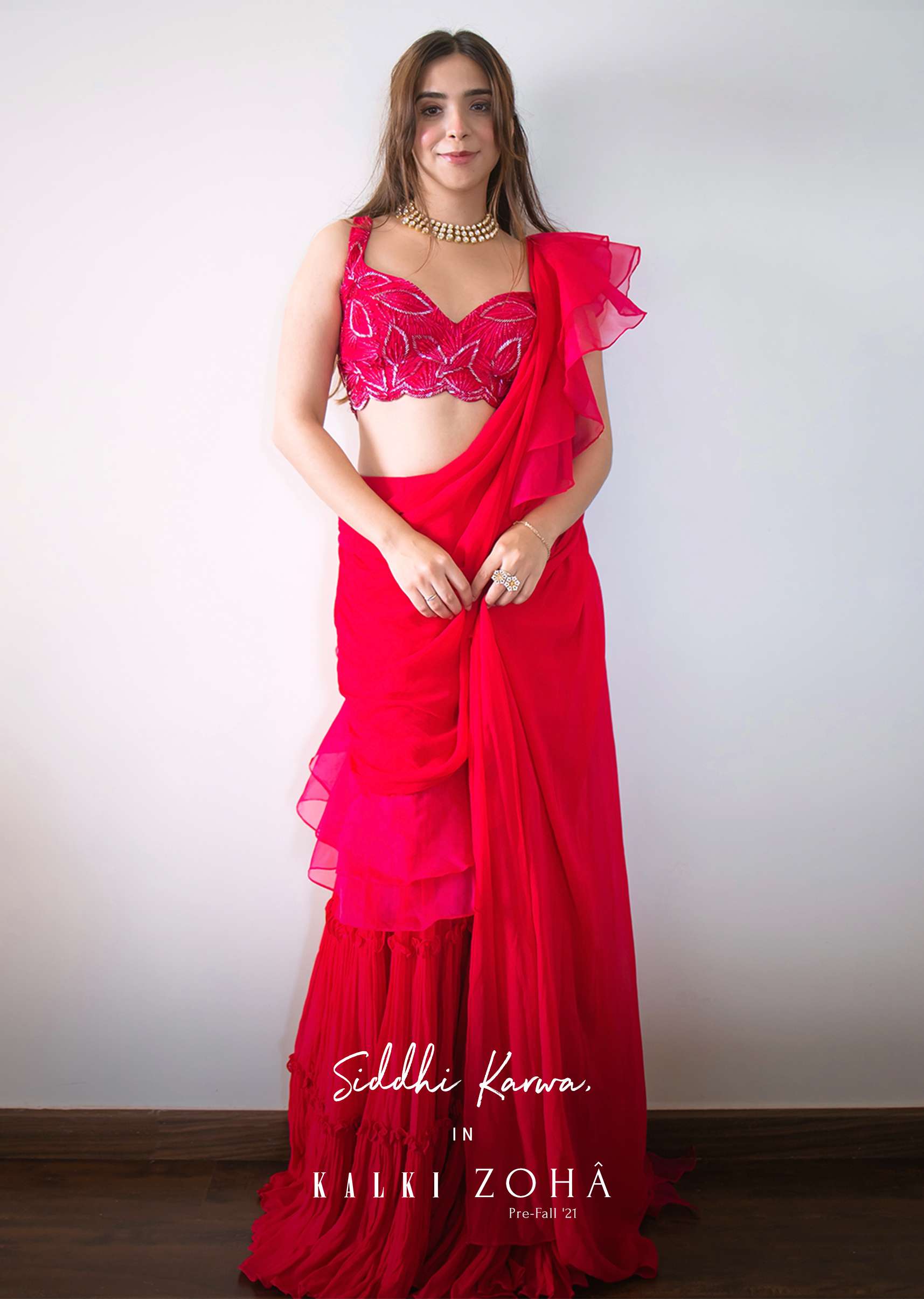 Hot Pink Crop Top Sharara Suit With An Attached Ruffle Draped And An Hand Embroidered Leaf Motifs - Image 9