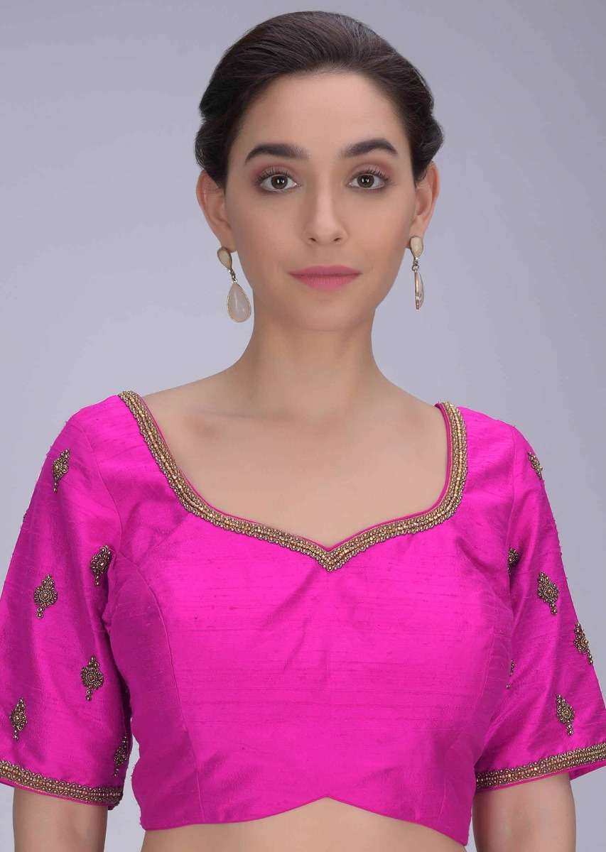 Hot Pink Blouse In Embroidered Raw Silk - Image 2