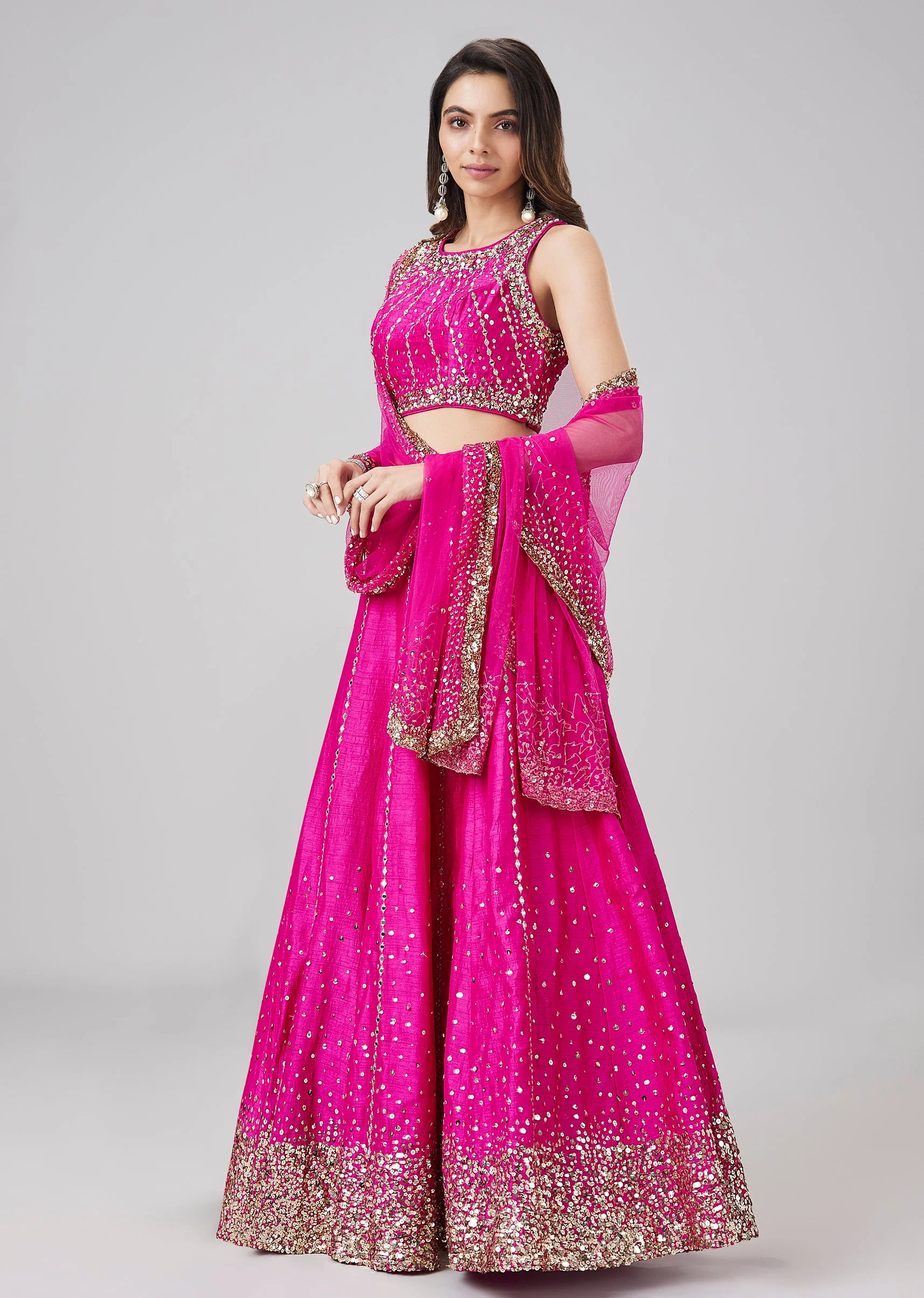 Hot Pink Sequin And Mirror Work Bridesmaid Lehenga Set - Image 3