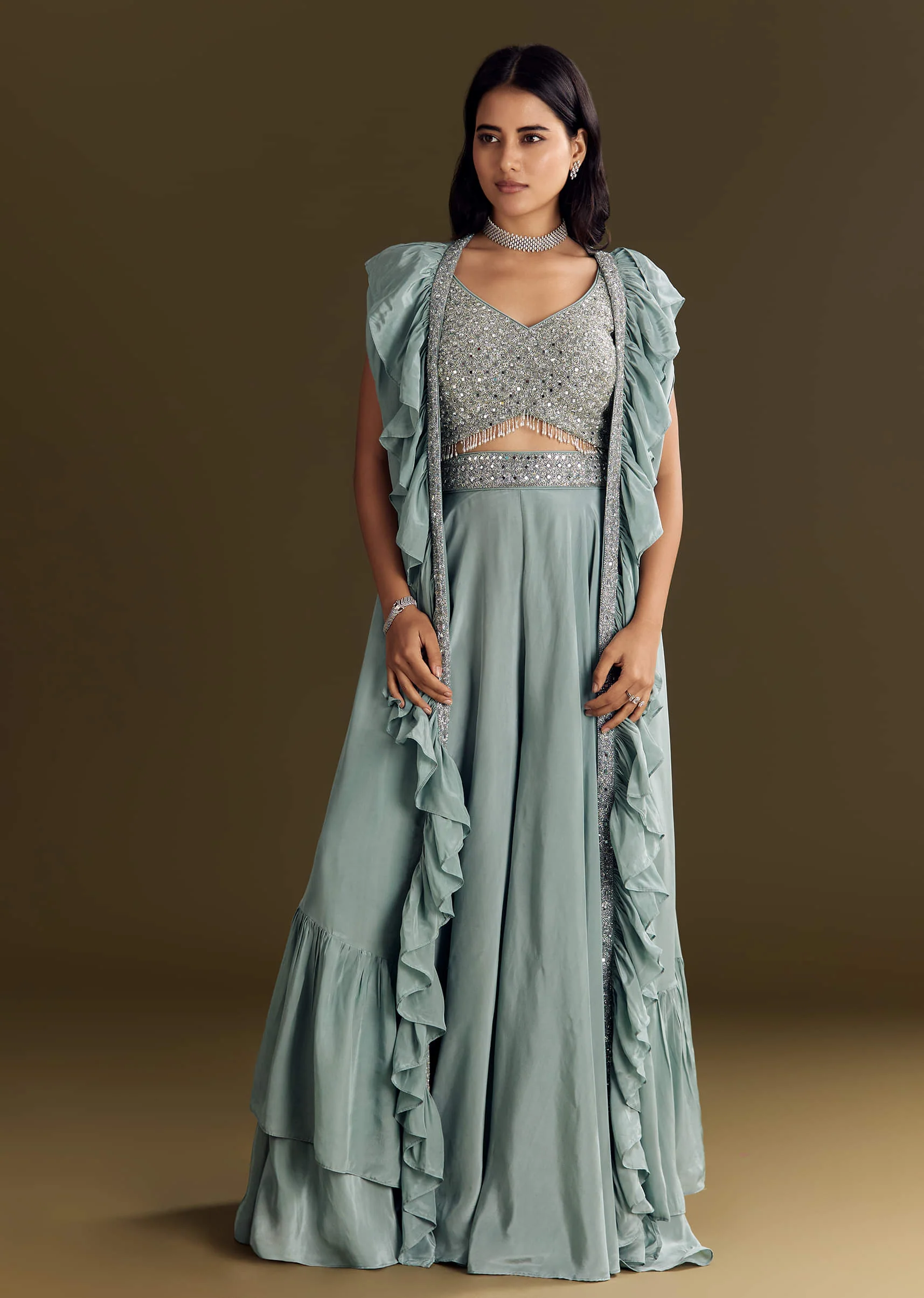 Ice Blue Crepe Croptop And Palazzo Set With Ruffled Jacket - Image 2