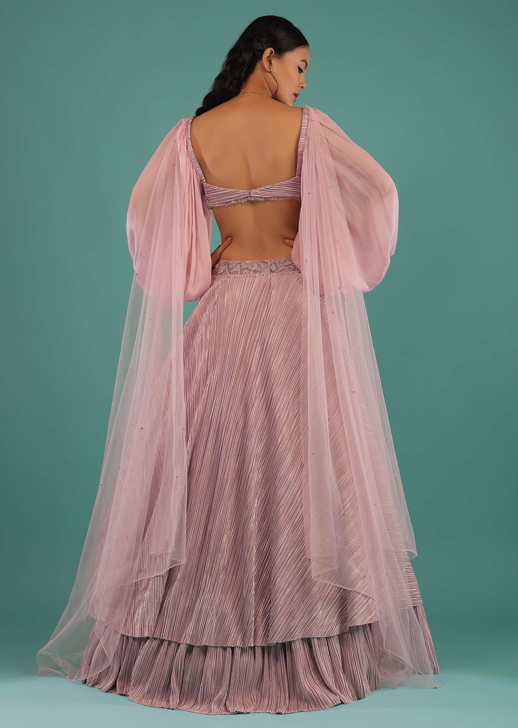 Ice Lavender Lehenga In Shimmer Crush With A Twisted Bandeau Crop Top Designed With Bishop Sleeves - Image 6