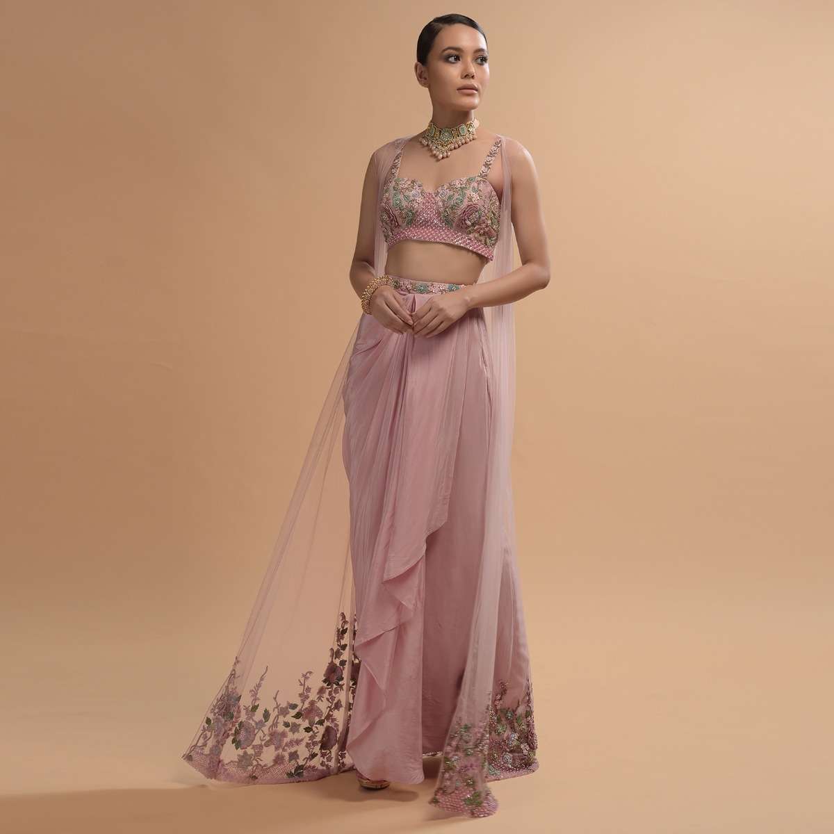 Icy Pink Draped Skirt And Crop Top Set With Long Jacket And 3D Flower Embroidery - Image 2
