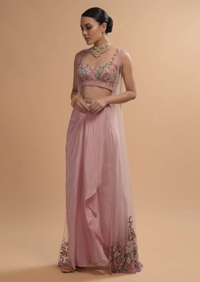 Icy Pink Draped Skirt And Crop Top Set With Long Jacket And 3D Flower Embroidery - Image 3